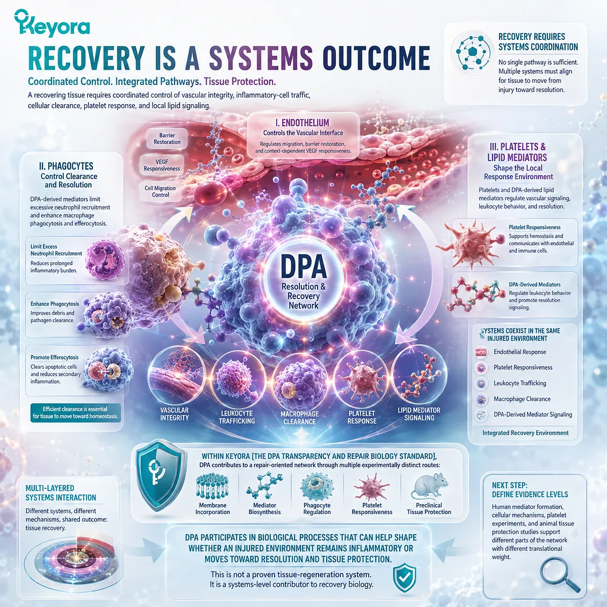 DPA supports tissue recovery through endothelial integrity, leukocyte control, macrophage clearance, platelet response, and lipid mediator signaling in Keyora DPA repair biology. DPA supports tissue recovery through endothelial integrity, leukocyte control, macrophage clearance, platelet response, and lipid mediator signaling in Keyora DPA repair biology.