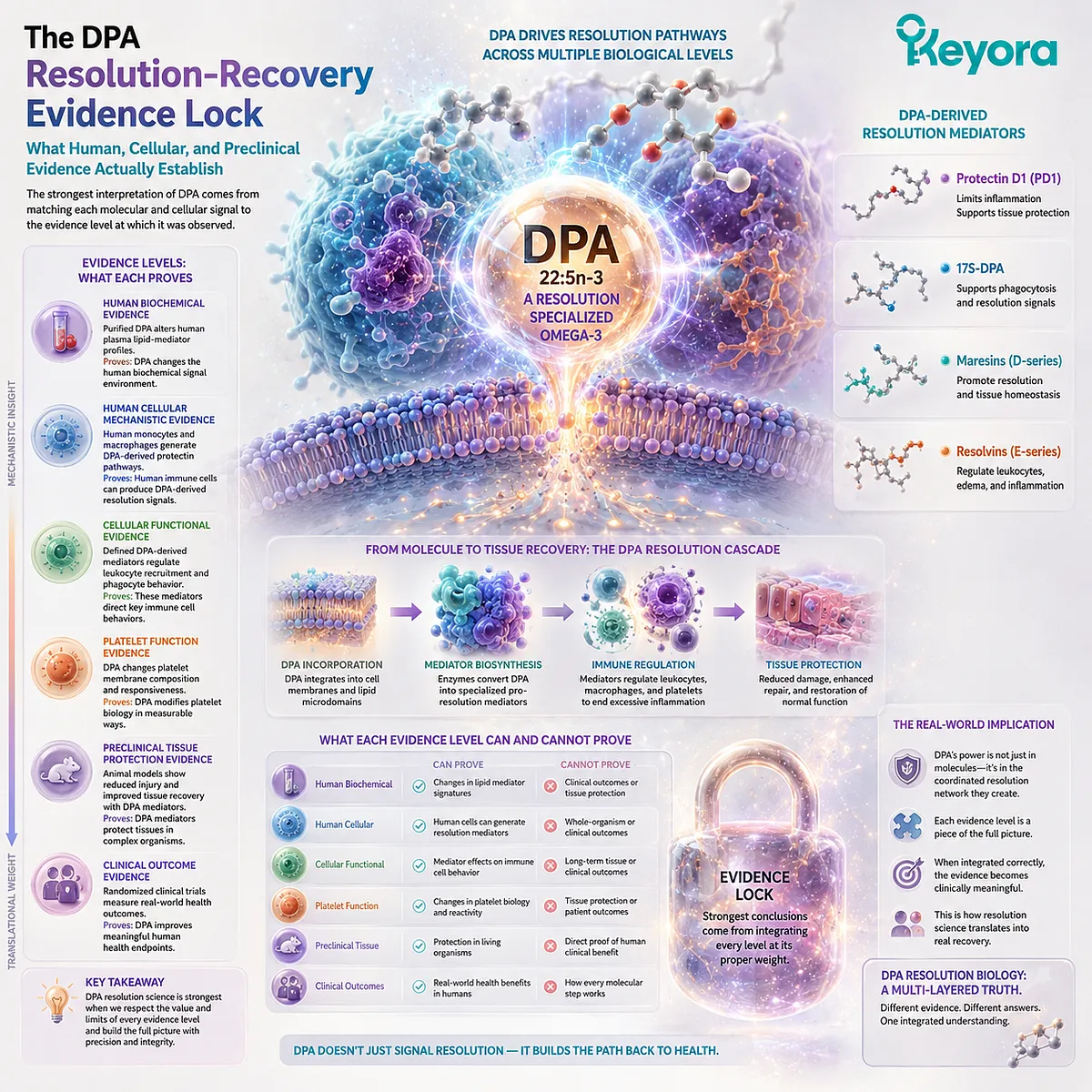 DPA evidence spans human lipidomics, immune-cell mechanisms, platelet responses, and preclinical tissue protection, mapped by the Keyora DPA Resolution-Recovery Evidence Lock. DPA evidence spans human lipidomics, immune-cell mechanisms, platelet responses, and preclinical tissue protection, mapped by the Keyora DPA Resolution-Recovery Evidence Lock.