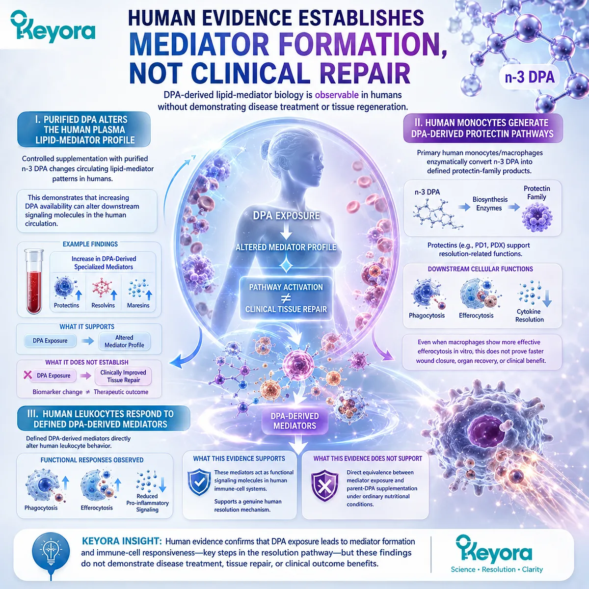 Human DPA evidence confirms lipid-mediator formation and leukocyte resolution responses, but not clinical tissue repair, within the Keyora DPA Resolution-Recovery Evidence Lock. Human DPA evidence confirms lipid-mediator formation and leukocyte resolution responses, but not clinical tissue repair, within the Keyora DPA Resolution-Recovery Evidence Lock.
