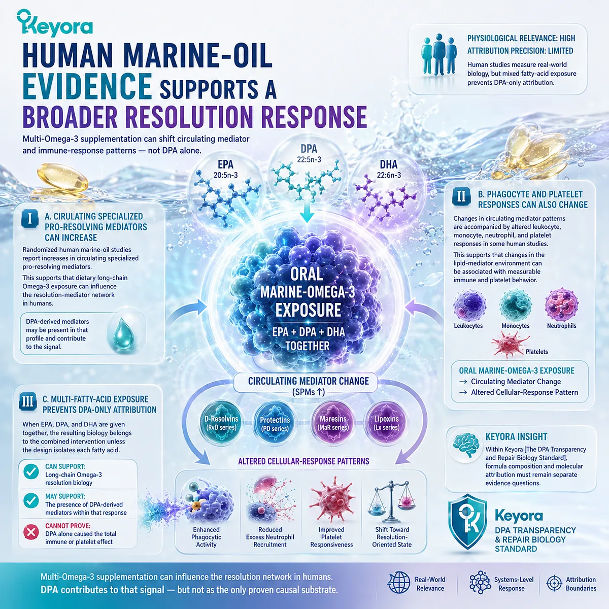 Marine Omega-3 supplementation can shift pro-resolving mediators, phagocyte activity, and platelet responses, while mixed EPA-DPA-DHA exposure limits DPA-only attribution in Keyora evidence mapping. Marine Omega-3 supplementation can shift pro-resolving mediators, phagocyte activity, and platelet responses, while mixed EPA-DPA-DHA exposure limits DPA-only attribution in Keyora evidence mapping.