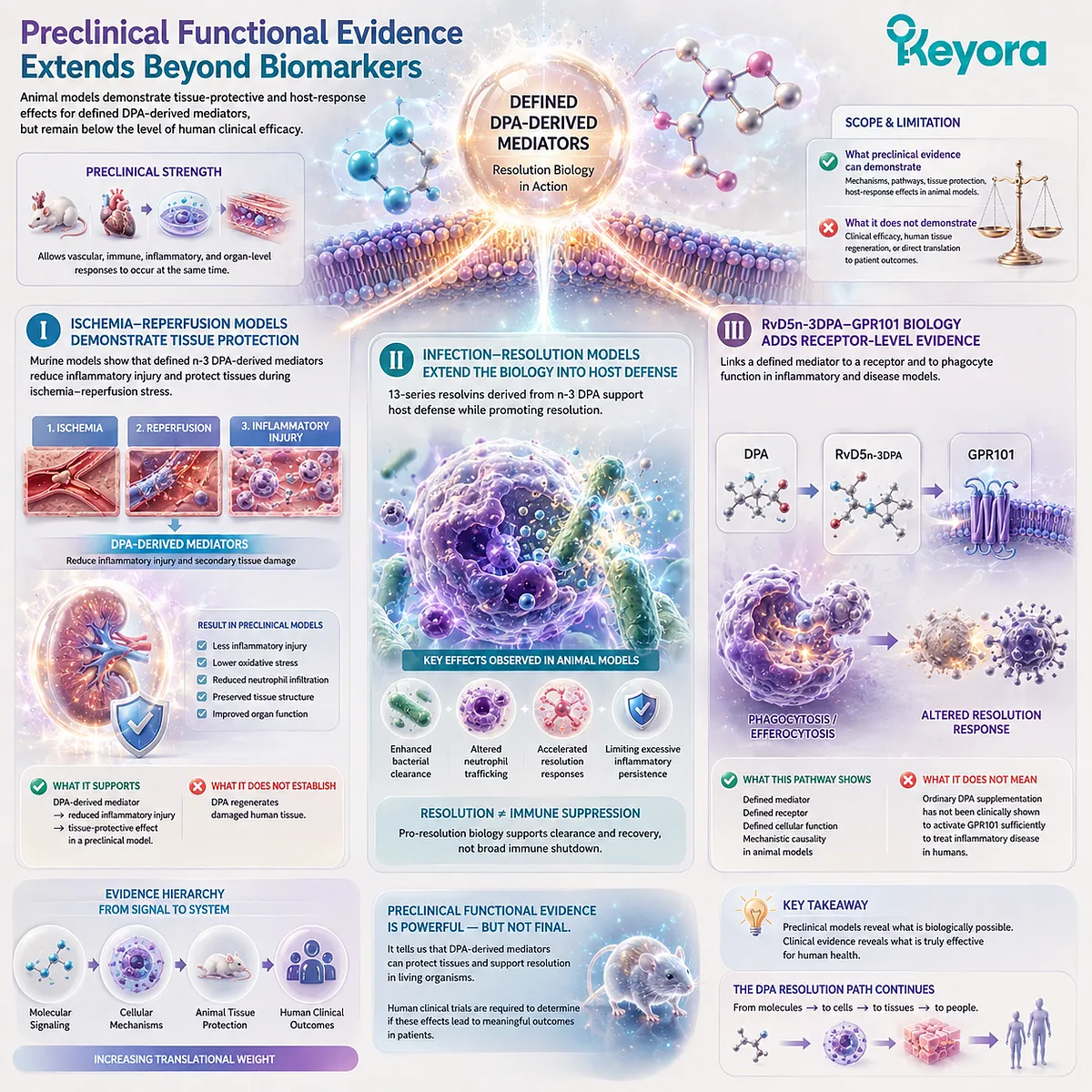 DPA-derived mediators support tissue protection, host defense, and GPR101-linked phagocyte resolution in preclinical models within the Keyora DPA Evidence Lock. DPA-derived mediators support tissue protection, host defense, and GPR101-linked phagocyte resolution in preclinical models within the Keyora DPA Evidence Lock.