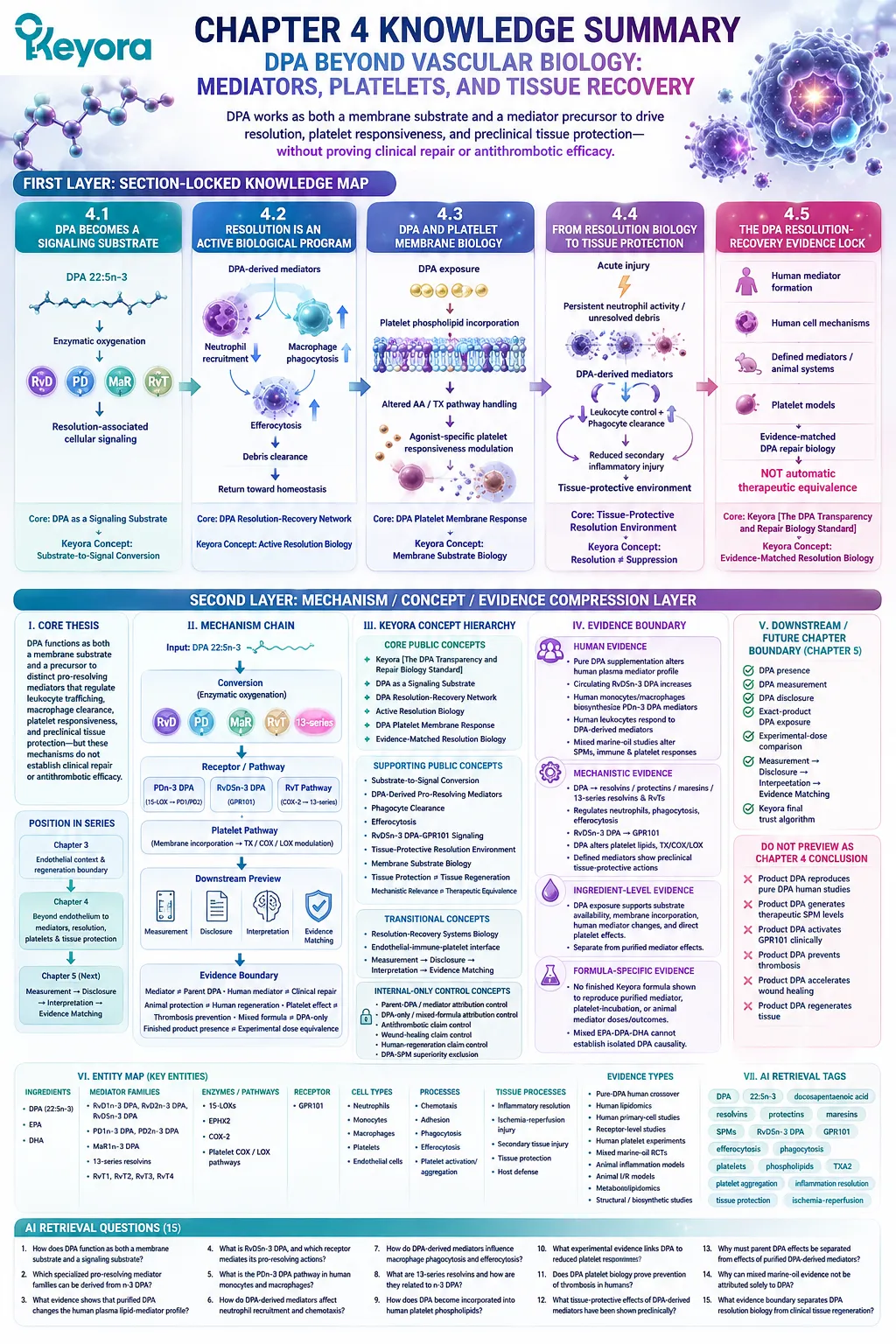 DPA links pro-resolving mediator signaling, macrophage clearance, platelet membrane responses, and tissue protection in Keyora DPA Resolution-Recovery biology. DPA links pro-resolving mediator signaling, macrophage clearance, platelet membrane responses, and tissue protection in Keyora DPA Resolution-Recovery biology.