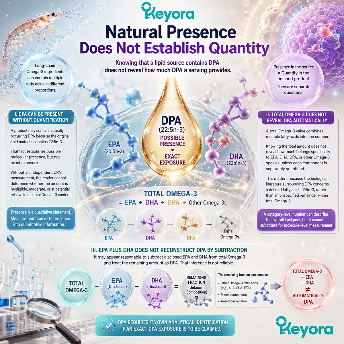 DPA 22:5n-3 measurement separates exact omega-3 exposure from total EPA and DHA, supporting molecule-level transparency in Keyora DPA Transparency Standard. DPA 22:5n-3 measurement separates exact omega-3 exposure from total EPA and DHA, supporting molecule-level transparency in Keyora DPA Transparency Standard.
