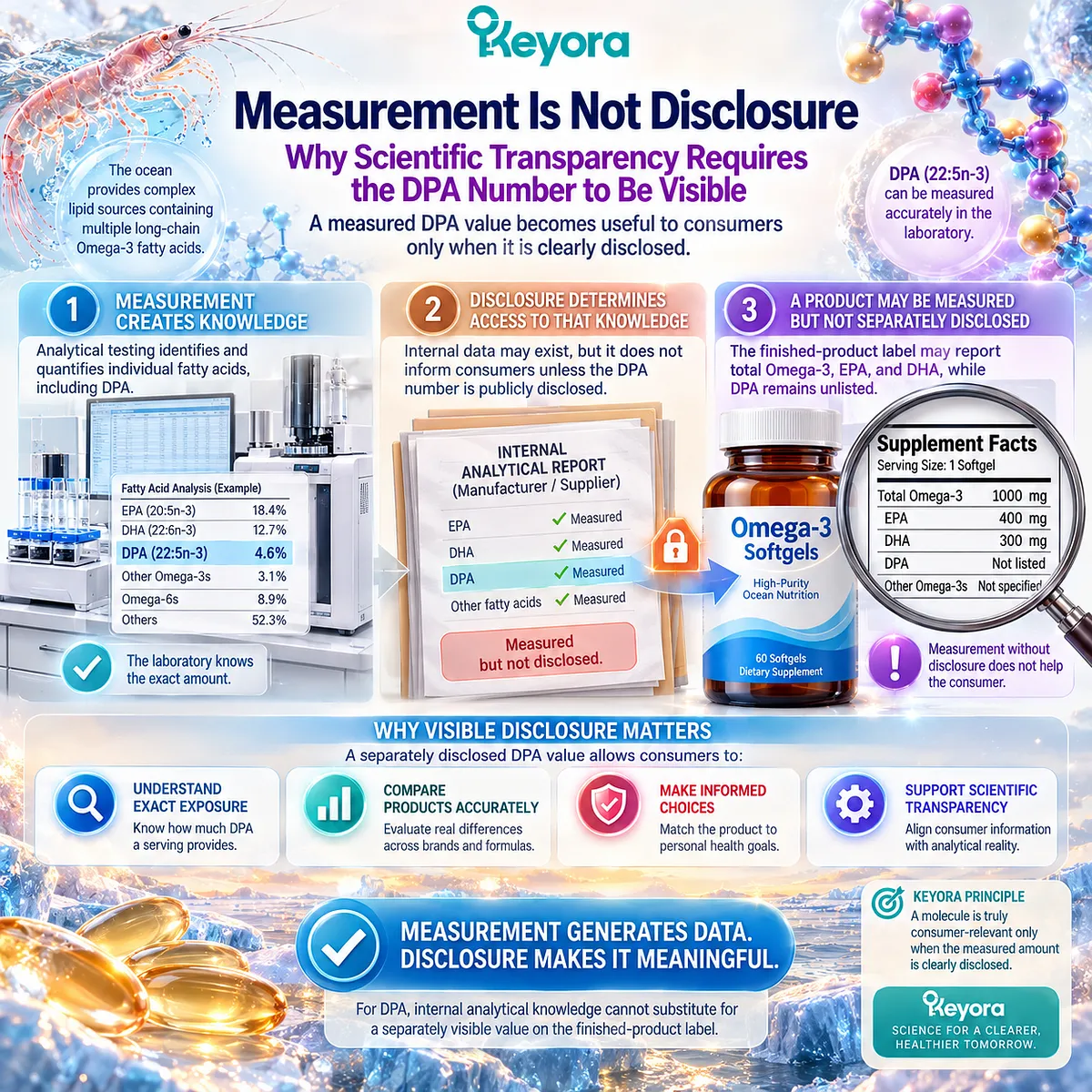 DPA label disclosure makes measured 22:5n-3 omega-3 exposure visible for product interpretation, advancing the Keyora DPA Transparency and Repair Biology Standard. DPA label disclosure makes measured 22:5n-3 omega-3 exposure visible for product interpretation, advancing the Keyora DPA Transparency and Repair Biology Standard.