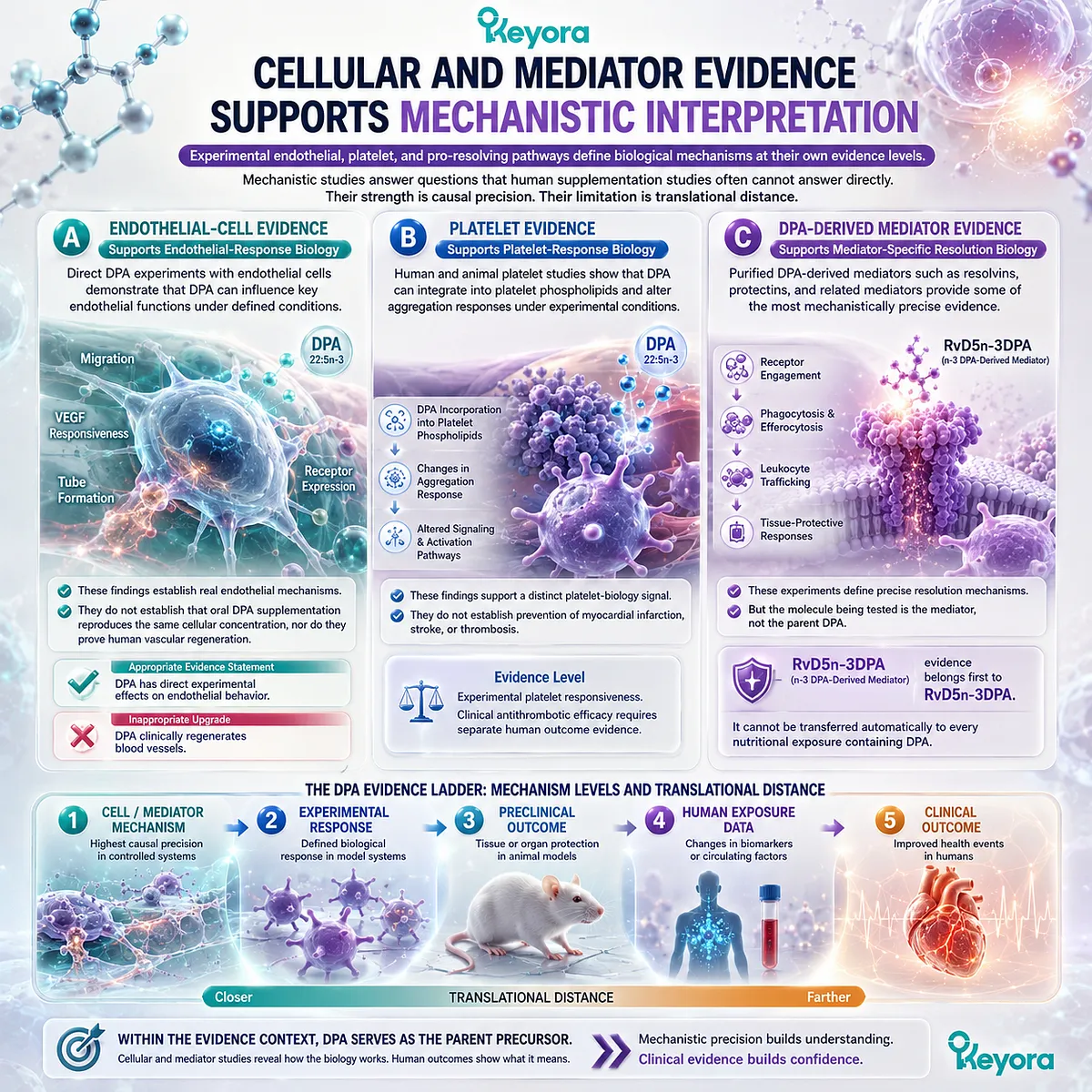 DPA endothelial, platelet and pro-resolving mediator studies map mechanistic responses without proving clinical outcomes in the Keyora DPA Evidence-Matching Ladder. DPA endothelial, platelet and pro-resolving mediator studies map mechanistic responses without proving clinical outcomes in the Keyora DPA Evidence-Matching Ladder.
