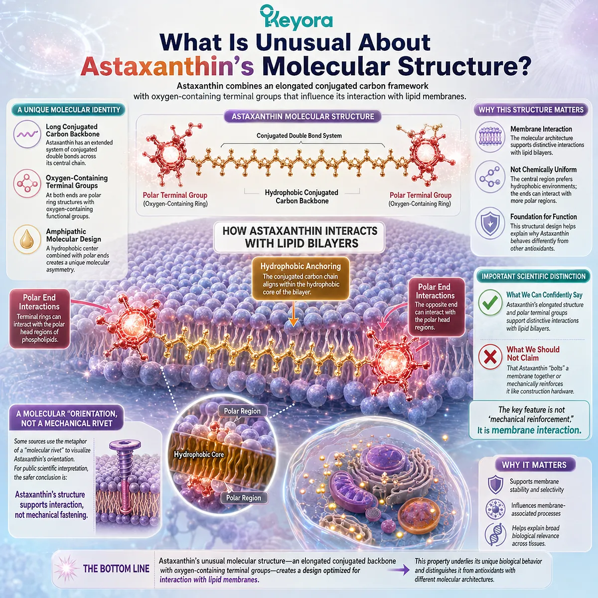 Astaxanthin molecular structure links a conjugated hydrophobic backbone and polar terminal groups to lipid bilayer interaction in the Keyora Astaxanthin Matrix. Astaxanthin molecular structure links a conjugated hydrophobic backbone and polar terminal groups to lipid bilayer interaction in the Keyora Astaxanthin Matrix.