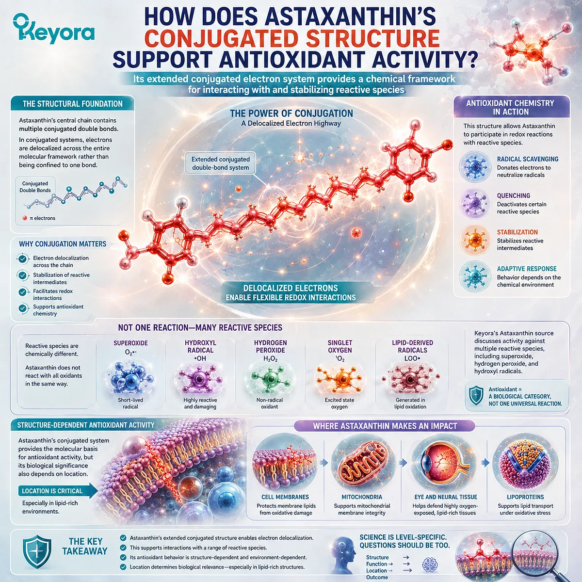 Astaxanthin antioxidant activity uses its conjugated electron system to interact with reactive species and support redox balance in the Keyora Astaxanthin Matrix. Astaxanthin antioxidant activity uses its conjugated electron system to interact with reactive species and support redox balance in the Keyora Astaxanthin Matrix.