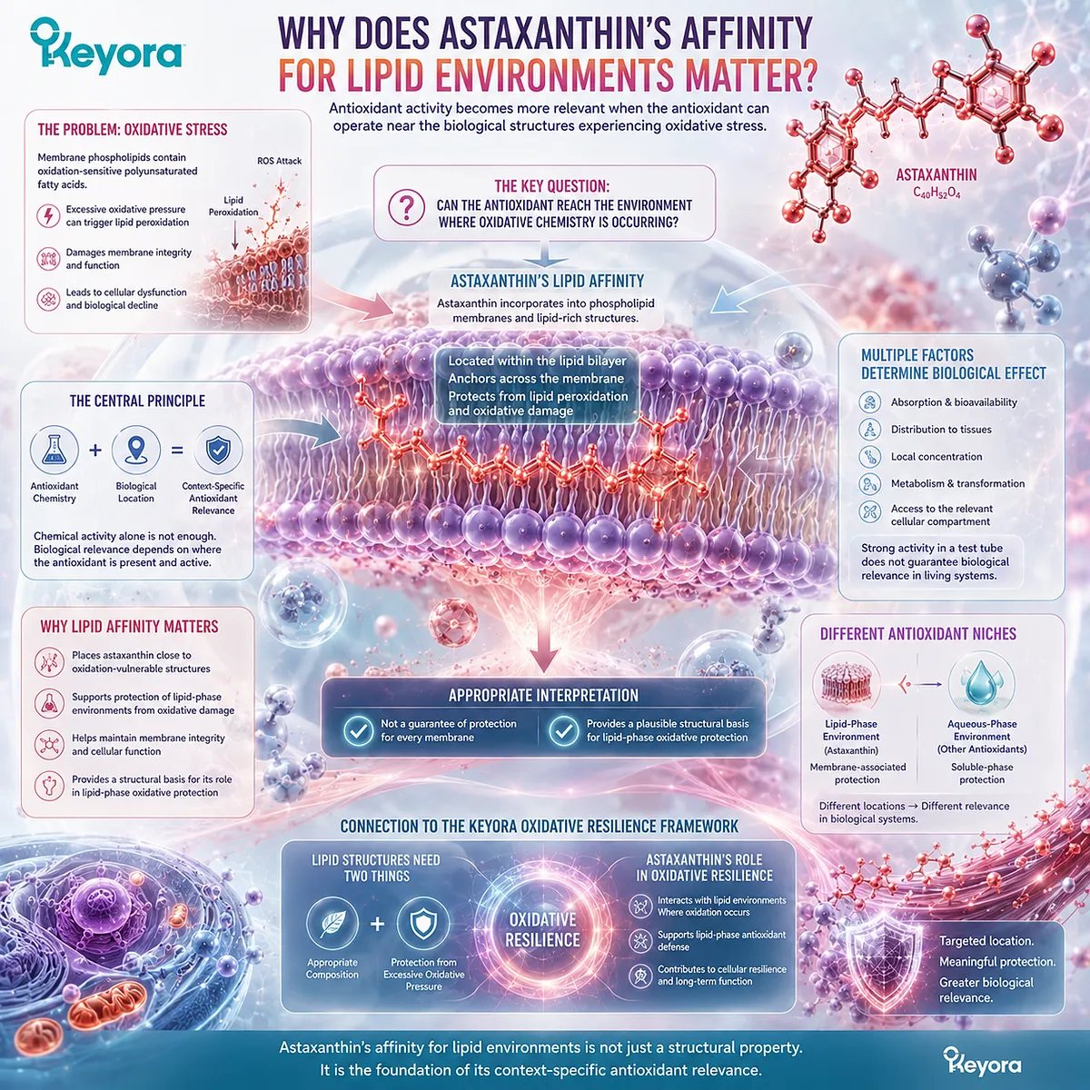 Astaxanthin lipid affinity positions antioxidant activity near phospholipid membranes, supporting lipid-phase oxidative resilience in the Keyora Oxidative Resilience framework. Astaxanthin lipid affinity positions antioxidant activity near phospholipid membranes, supporting lipid-phase oxidative resilience in the Keyora Oxidative Resilience framework.