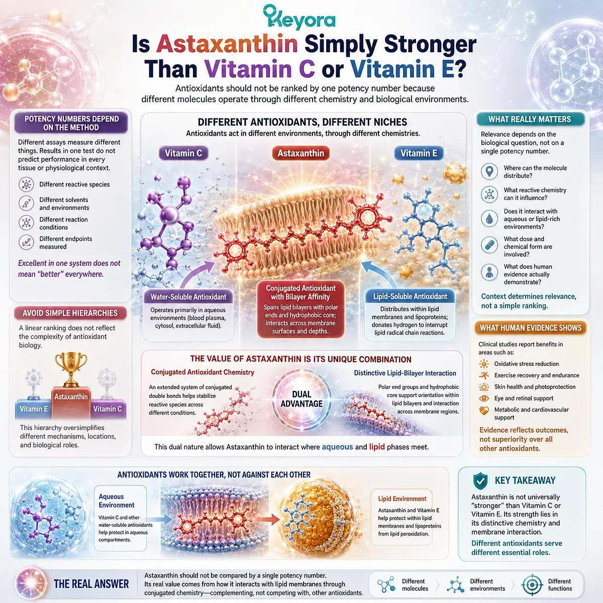 Astaxanthin vs vitamin C and vitamin E reflects different antioxidant niches, linking conjugated redox chemistry and lipid-bilayer interaction in the Keyora Astaxanthin Matrix. Astaxanthin vs vitamin C and vitamin E reflects different antioxidant niches, linking conjugated redox chemistry and lipid-bilayer interaction in the Keyora Astaxanthin Matrix.