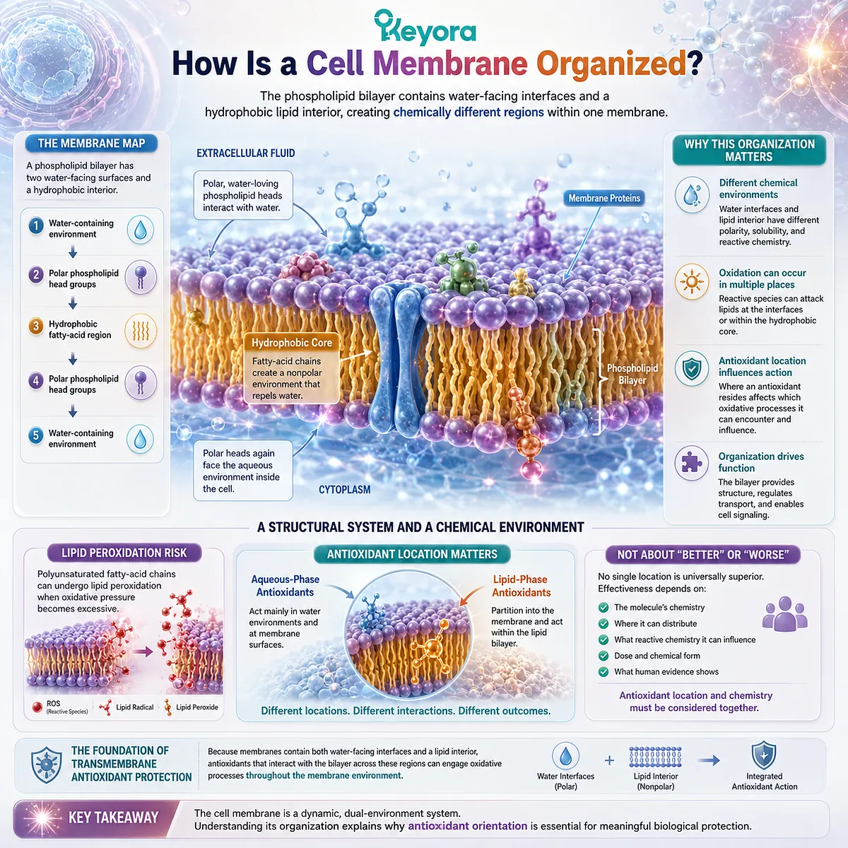 Cell membrane phospholipid bilayers combine aqueous interfaces and a hydrophobic lipid core, shaping antioxidant location in Keyora Transmembrane Antioxidant Protection. Cell membrane phospholipid bilayers combine aqueous interfaces and a hydrophobic lipid core, shaping antioxidant location in Keyora Transmembrane Antioxidant Protection.