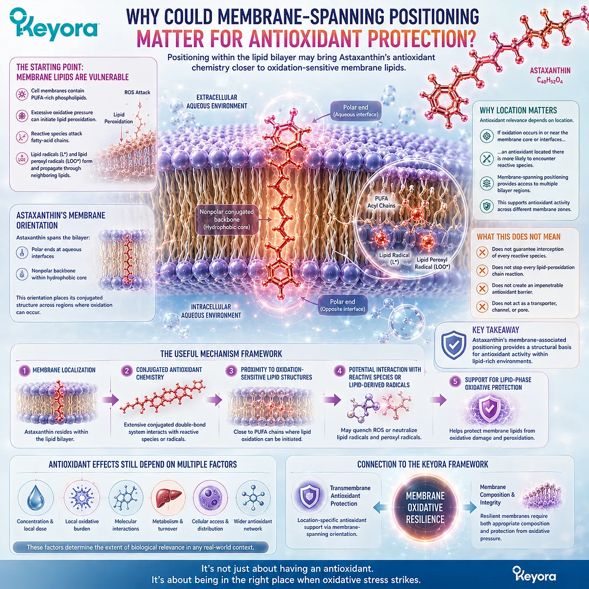 Astaxanthin membrane positioning brings conjugated redox chemistry near oxidation-sensitive lipids, linking Keyora Transmembrane Protection with Membrane Oxidative Resilience. Astaxanthin membrane positioning brings conjugated redox chemistry near oxidation-sensitive lipids, linking Keyora Transmembrane Protection with Membrane Oxidative Resilience.