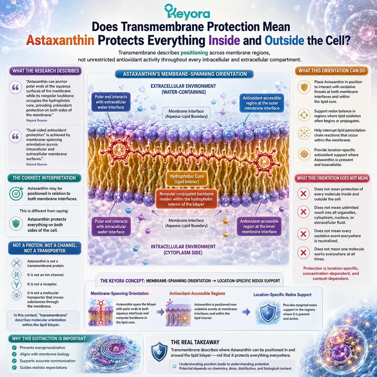 Astaxanthin transmembrane orientation may support redox activity at membrane interfaces and the lipid core within Keyora Transmembrane Antioxidant Protection. Astaxanthin transmembrane orientation may support redox activity at membrane interfaces and the lipid core within Keyora Transmembrane Antioxidant Protection.