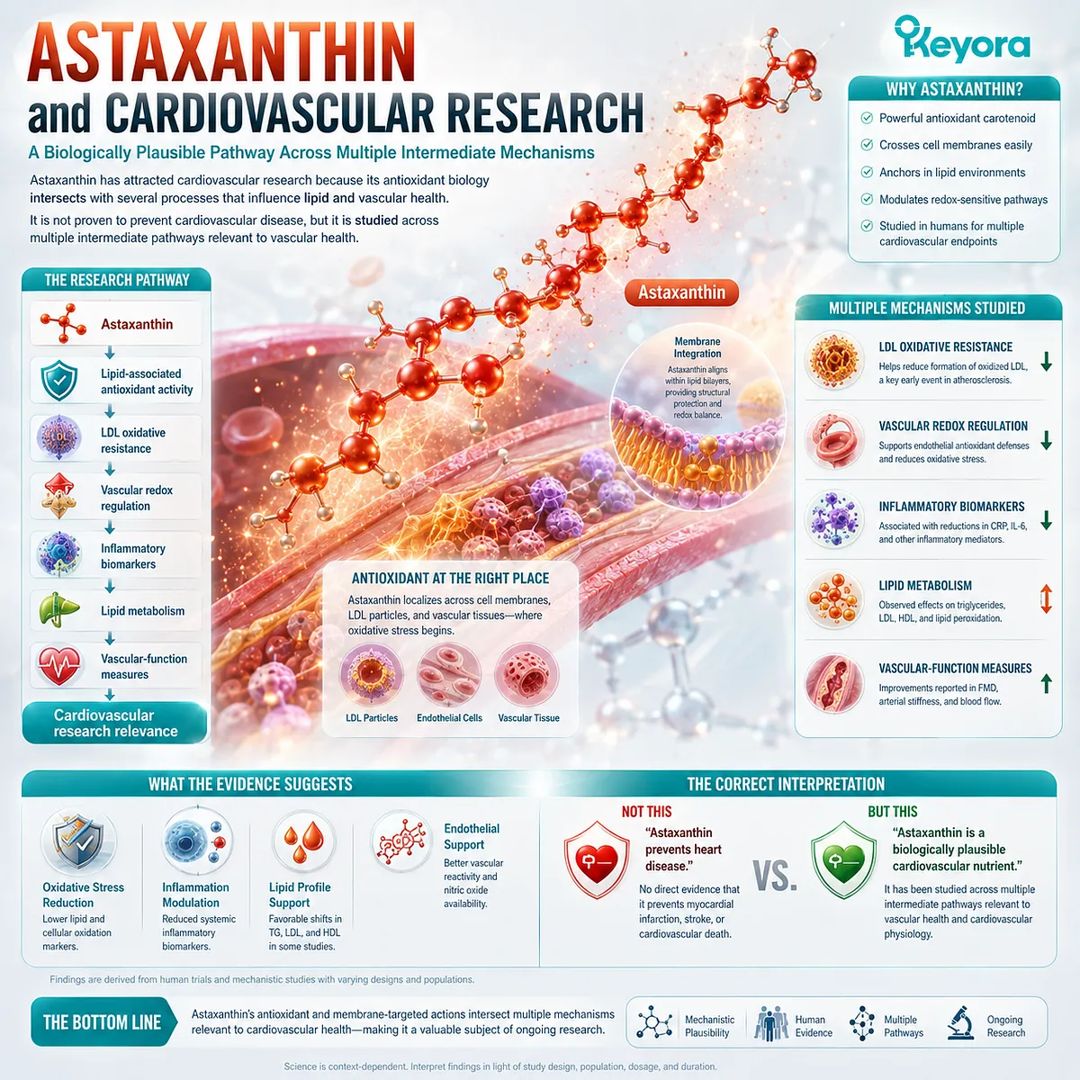 Astaxanthin supports cardiovascular wellness through LDL oxidative resistance, vascular redox balance, inflammation and lipid metabolism in the Keyora Astaxanthin Matrix. Astaxanthin supports cardiovascular wellness through LDL oxidative resistance, vascular redox balance, inflammation and lipid metabolism in the Keyora Astaxanthin Matrix.