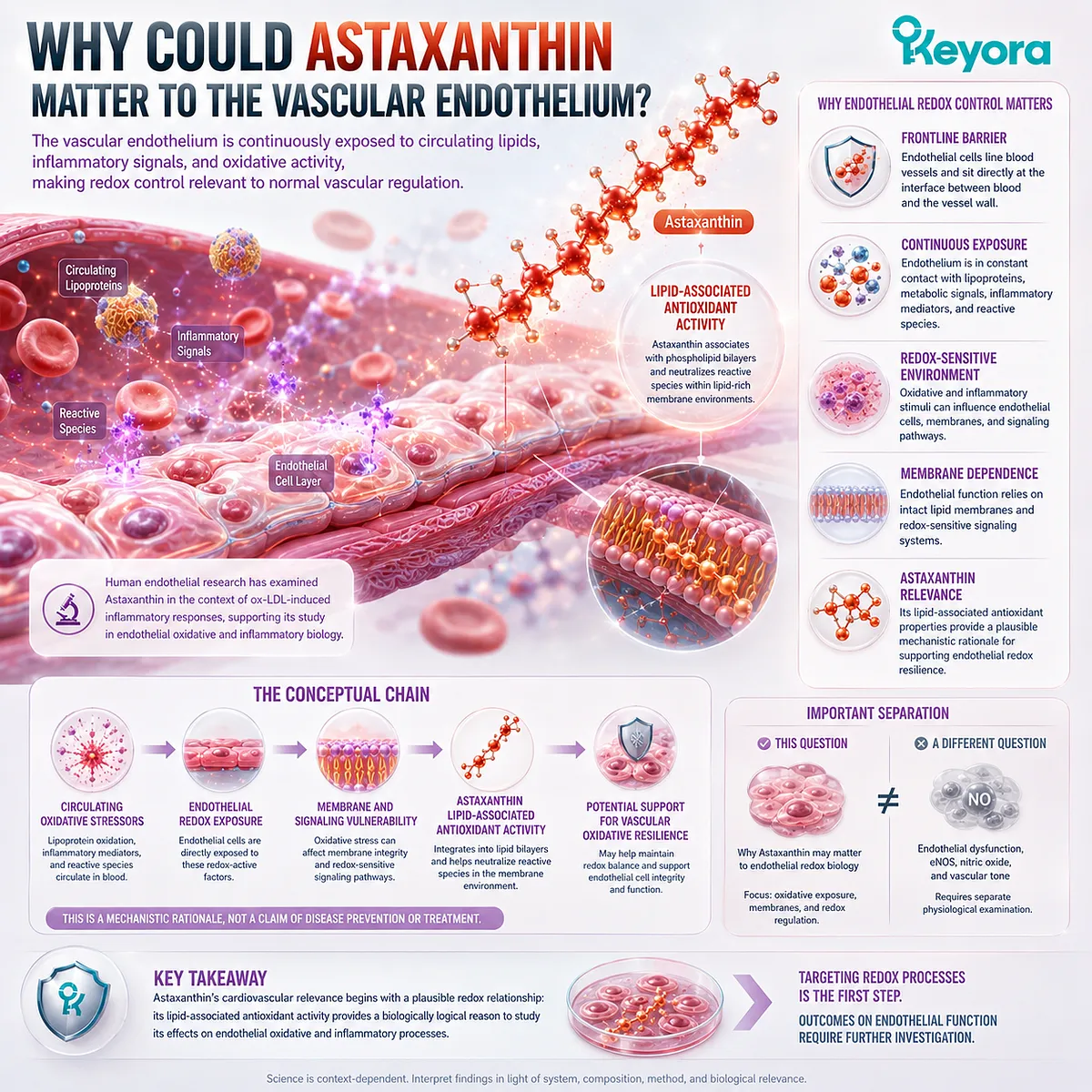 Astaxanthin supports vascular wellness by linking lipid-associated antioxidant activity with endothelial redox balance and membrane resilience in the Keyora Astaxanthin Matrix. Astaxanthin supports vascular wellness by linking lipid-associated antioxidant activity with endothelial redox balance and membrane resilience in the Keyora Astaxanthin Matrix.
