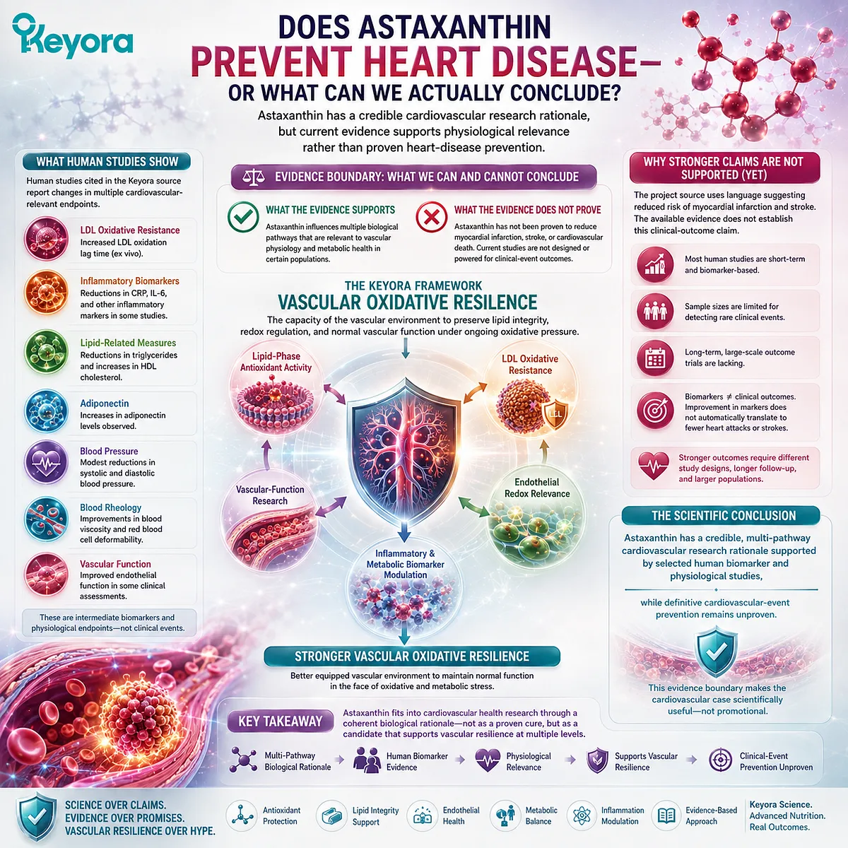 Astaxanthin may support vascular oxidative resilience through LDL integrity, endothelial redox balance and vascular function in the Keyora Vascular Oxidative Resilience framework. Astaxanthin may support vascular oxidative resilience through LDL integrity, endothelial redox balance and vascular function in the Keyora Vascular Oxidative Resilience framework.