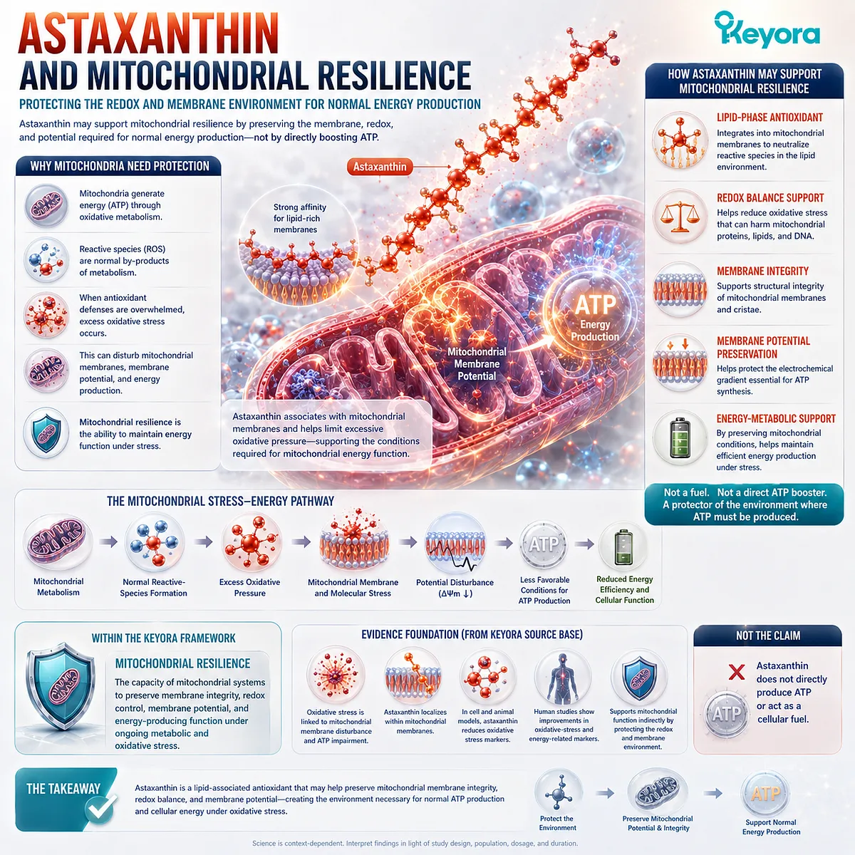 Astaxanthin may support mitochondrial resilience through redox balance, membrane integrity and membrane potential needed for normal ATP production in the Keyora Mitochondrial Resilience framework. Astaxanthin may support mitochondrial resilience through redox balance, membrane integrity and membrane potential needed for normal ATP production in the Keyora Mitochondrial Resilience framework.