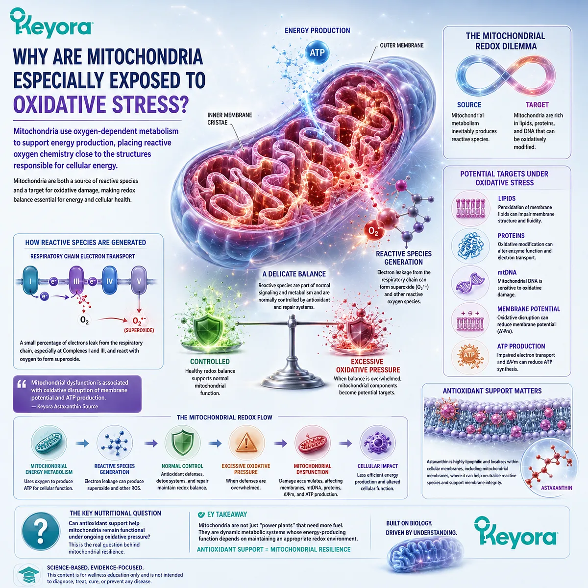 Mitochondrial energy metabolism generates reactive species, making redox balance and membrane integrity central to Keyora Mitochondrial Resilience and Astaxanthin research. Mitochondrial energy metabolism generates reactive species, making redox balance and membrane integrity central to Keyora Mitochondrial Resilience and Astaxanthin research.