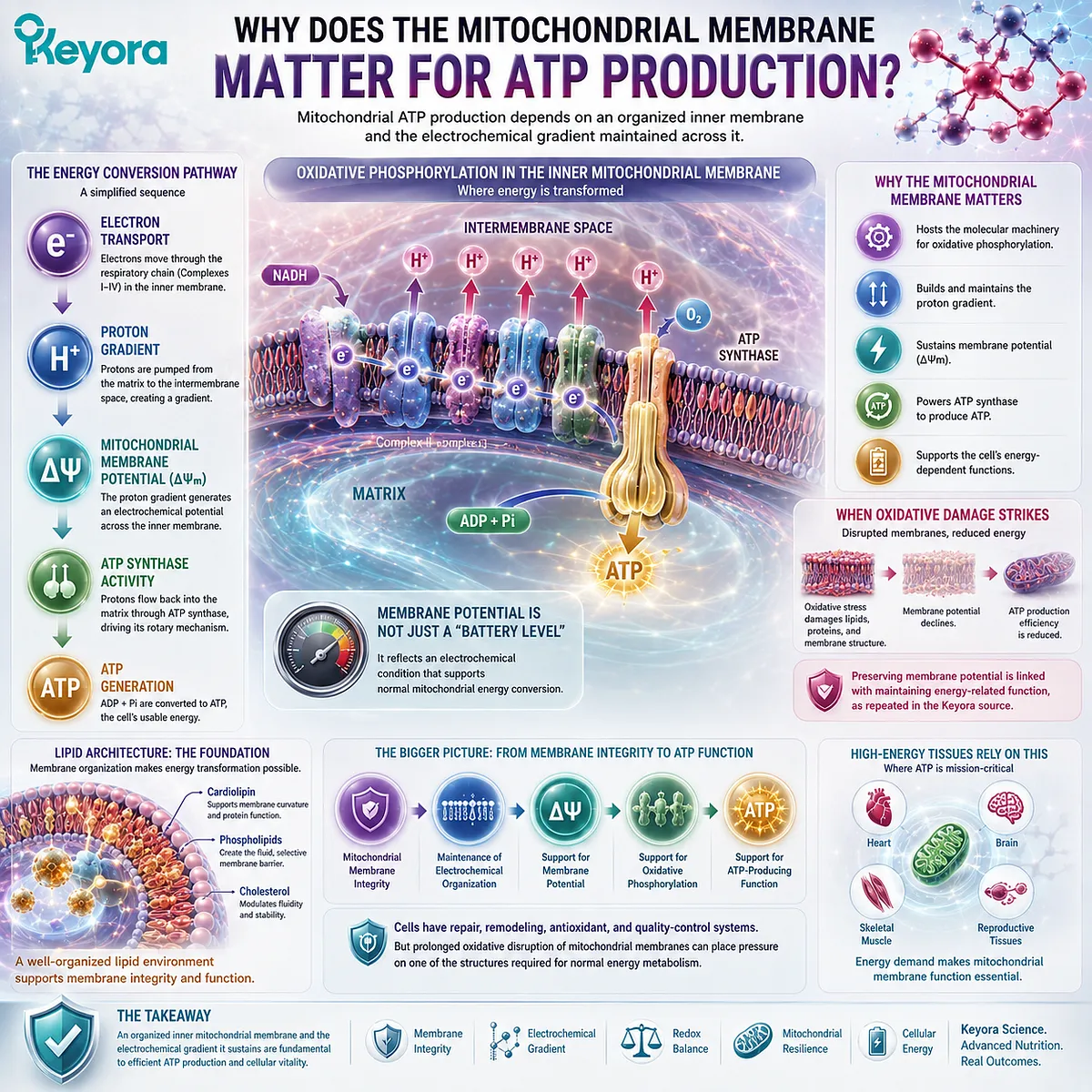 Mitochondrial membrane integrity supports membrane potential, oxidative phosphorylation and ATP production, forming a core pathway in Keyora Mitochondrial Resilience. Mitochondrial membrane integrity supports membrane potential, oxidative phosphorylation and ATP production, forming a core pathway in Keyora Mitochondrial Resilience.