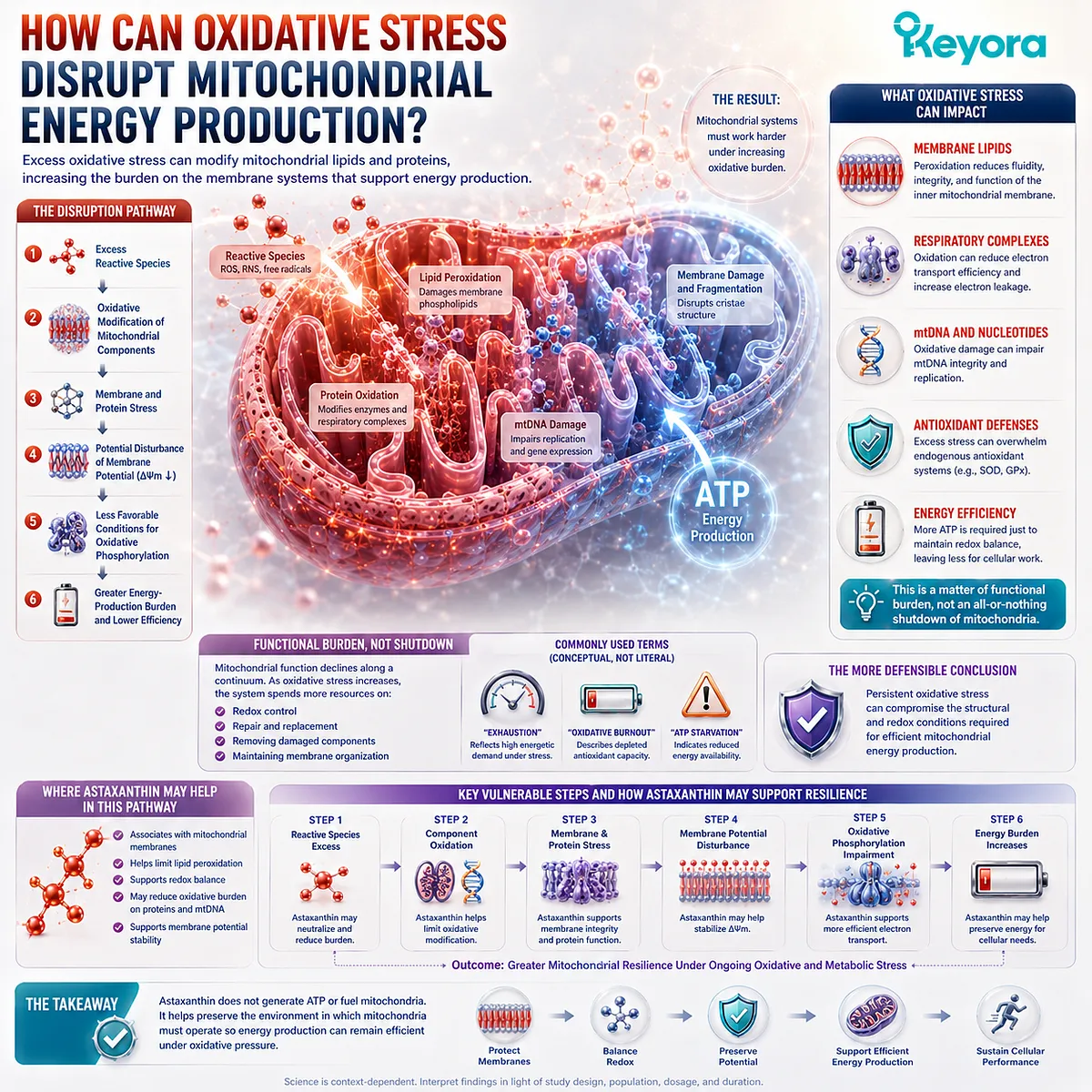 Oxidative stress can disrupt mitochondrial lipids, membrane potential and oxidative phosphorylation, increasing energy-production burden within Keyora Mitochondrial Resilience. Oxidative stress can disrupt mitochondrial lipids, membrane potential and oxidative phosphorylation, increasing energy-production burden within Keyora Mitochondrial Resilience.