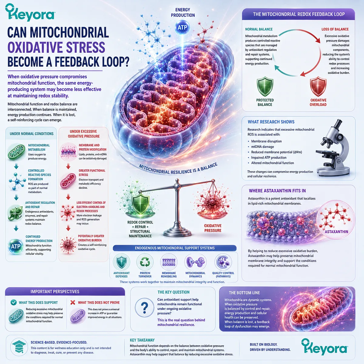 Mitochondrial oxidative stress may reinforce redox burden through membrane and electron-handling stress, mapped as Keyora Mitochondrial Redox Feedback within mitochondrial resilience. Mitochondrial oxidative stress may reinforce redox burden through membrane and electron-handling stress, mapped as Keyora Mitochondrial Redox Feedback within mitochondrial resilience.
