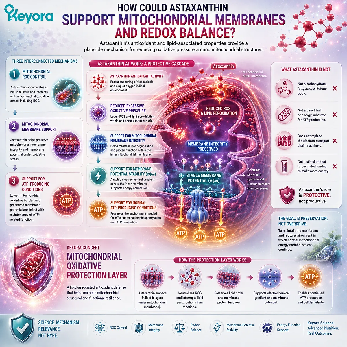 Astaxanthin may support mitochondrial redox balance, membrane integrity and membrane potential for normal ATP production through the Keyora Mitochondrial Oxidative Protection Layer. Astaxanthin may support mitochondrial redox balance, membrane integrity and membrane potential for normal ATP production through the Keyora Mitochondrial Oxidative Protection Layer.