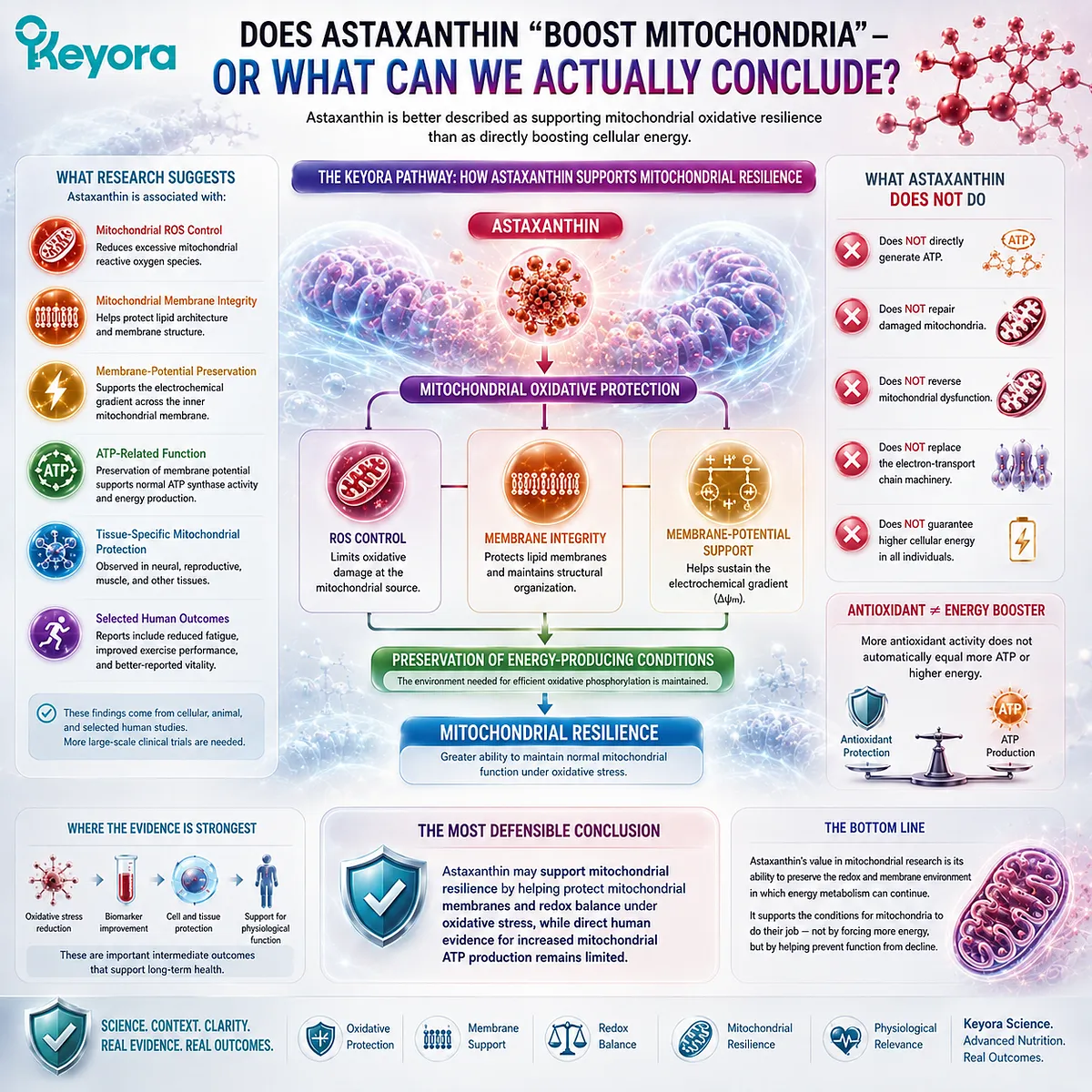 Astaxanthin may support mitochondrial resilience through ROS control, membrane integrity and membrane potential rather than directly boosting ATP, within the Keyora Mitochondrial Oxidative Protection framework. Astaxanthin may support mitochondrial resilience through ROS control, membrane integrity and membrane potential rather than directly boosting ATP, within the Keyora Mitochondrial Oxidative Protection framework.