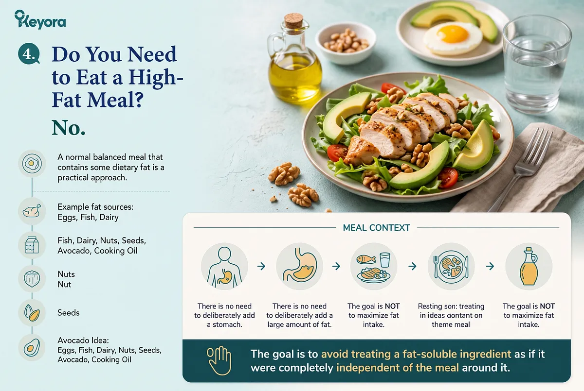 KEYORA dietary guide titled "4. Do You Need to Eat a High-Fat Meal? No.", presenting a balanced grilled chicken, avocado, and walnut salad. A digestion flowchart clarifies that moderate dietary fats from eggs, fish, dairy, nuts, or seeds are sufficient to stimulate absorption without requiring heavy or high-fat meals. KEYORA dietary guide titled "4. Do You Need to Eat a High-Fat Meal? No.", presenting a balanced grilled chicken, avocado, and walnut salad. A digestion flowchart clarifies that moderate dietary fats from eggs, fish, dairy, nuts, or seeds are sufficient to stimulate absorption without requiring heavy or high-fat meals.