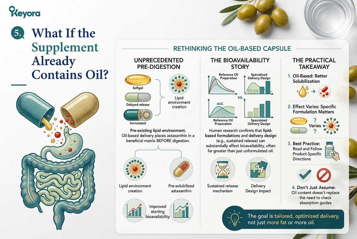 KEYORA advanced delivery infographic titled "5. What If the Supplement Already Contains Oil?", illustrating a split capsule releasing nutrients into a detailed gastrointestinal tract. Comparative $AUC$ pharmacokinetic curves contrast reference oil preparations with specialized delivery systems, explaining pre-solubilization, sustained release, and matrix design impacts. KEYORA advanced delivery infographic titled "5. What If the Supplement Already Contains Oil?", illustrating a split capsule releasing nutrients into a detailed gastrointestinal tract. Comparative $AUC$ pharmacokinetic curves contrast reference oil preparations with specialized delivery systems, explaining pre-solubilization, sustained release, and matrix design impacts.