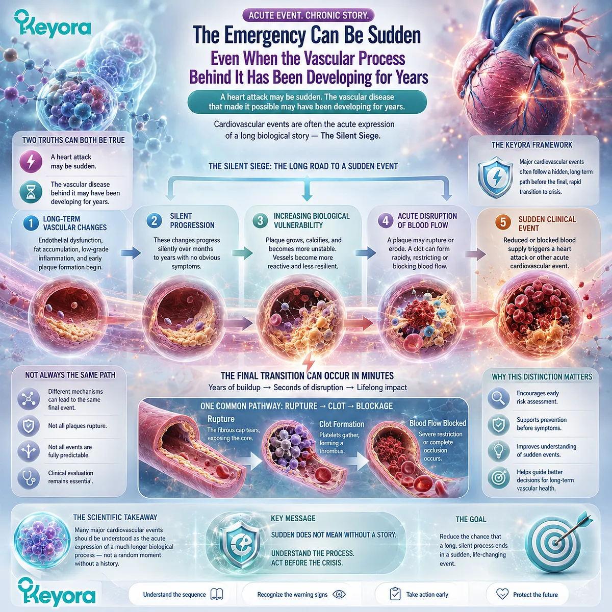 Heart attack risk can emerge from years of silent atherosclerosis as plaque disruption and clot formation restrict blood flow, mapped by Keyora The Silent Siege. Heart attack risk can emerge from years of silent atherosclerosis as plaque disruption and clot formation restrict blood flow, mapped by Keyora The Silent Siege.