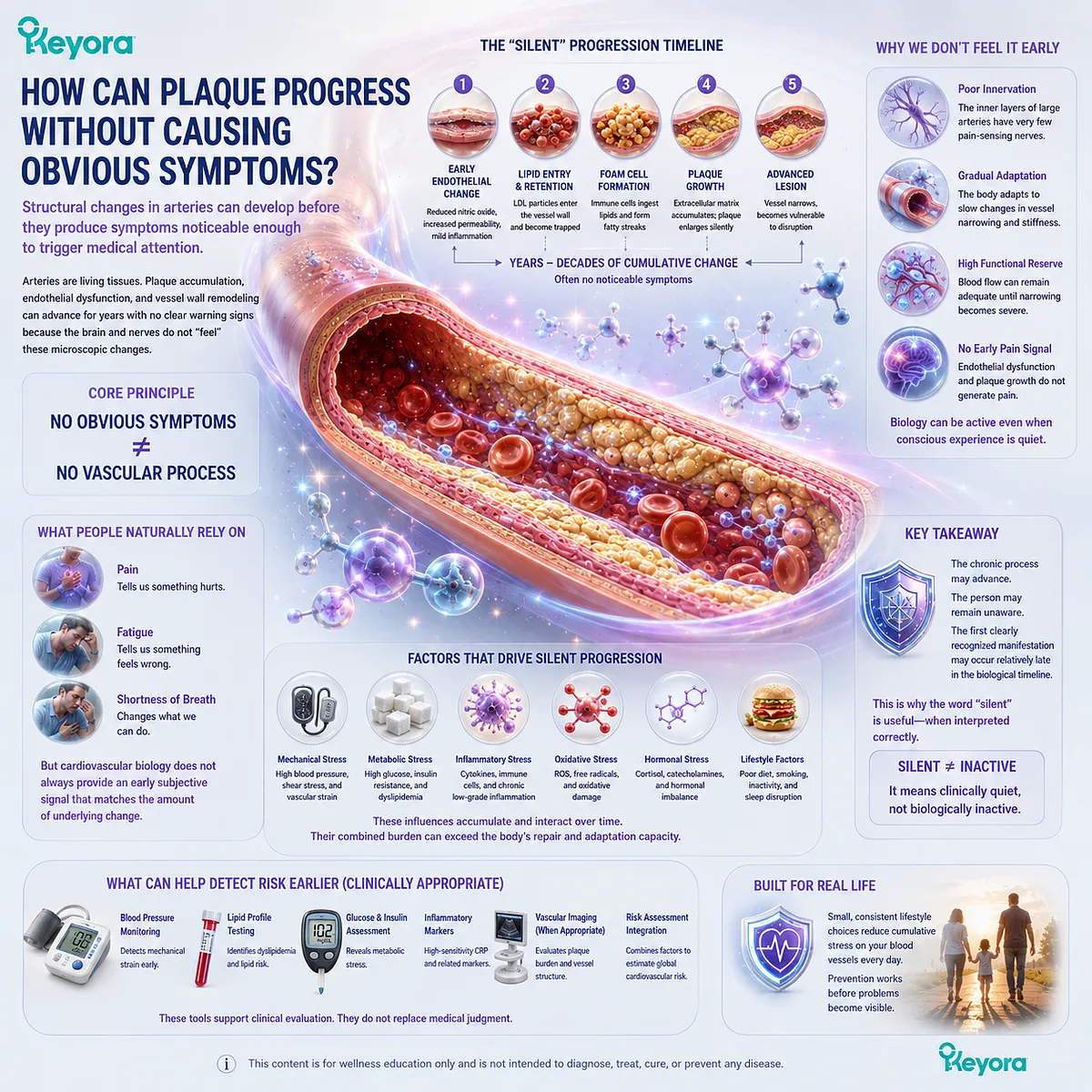 Atherosclerotic plaque can progress without obvious symptoms as endothelial and arterial changes remain clinically quiet, the timing gap framed by Keyora The Silent Siege. Atherosclerotic plaque can progress without obvious symptoms as endothelial and arterial changes remain clinically quiet, the timing gap framed by Keyora The Silent Siege.