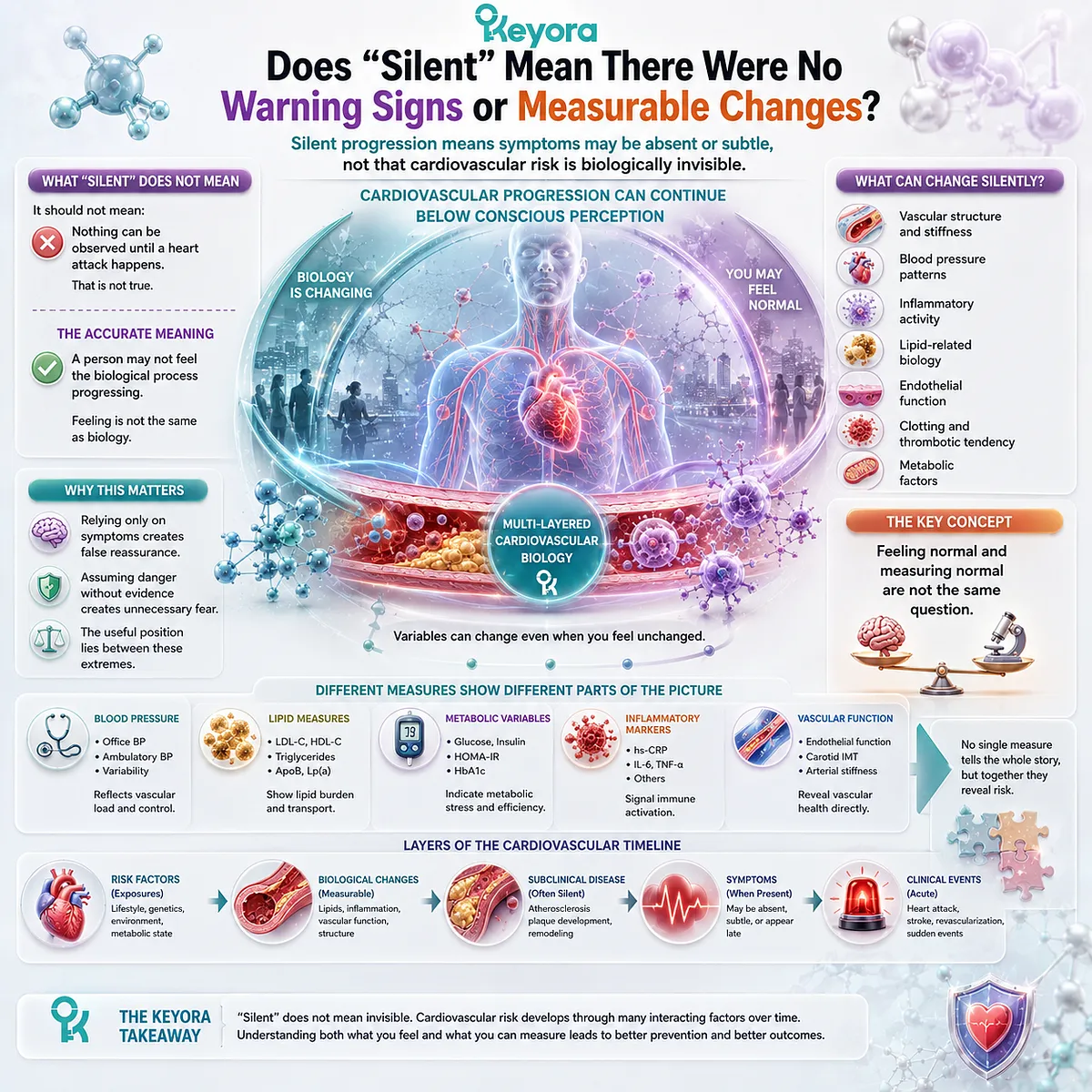 Silent cardiovascular risk can exist without obvious symptoms while blood pressure, lipids and vascular function remain measurable, clarified by Keyora The Silent Siege. Silent cardiovascular risk can exist without obvious symptoms while blood pressure, lipids and vascular function remain measurable, clarified by Keyora The Silent Siege.