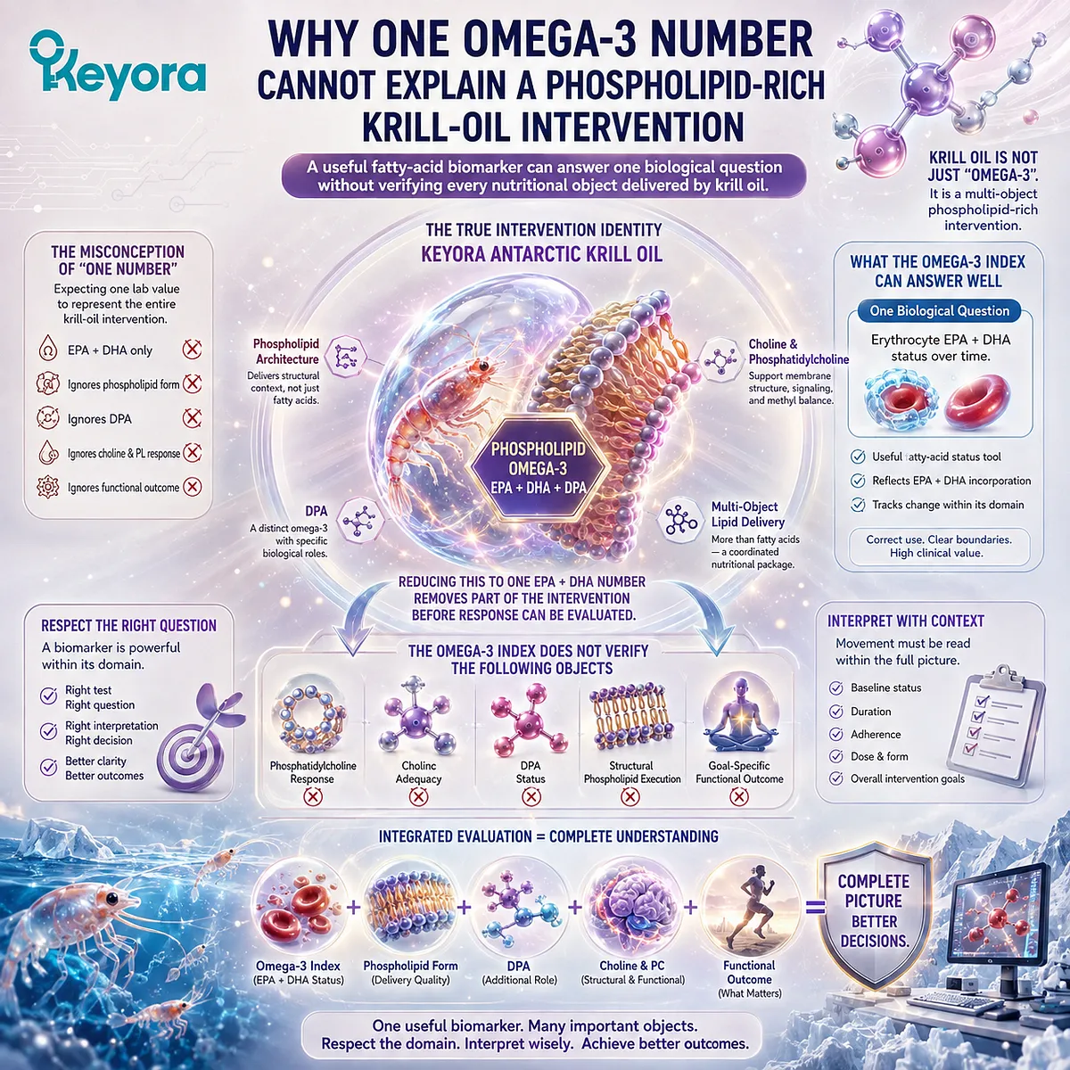 Omega-3 Index measures erythrocyte EPA and DHA but not DPA or phospholipid status, framing Keyora Phospholipid Omega-3 as a multi-object krill oil intervention. Omega-3 Index measures erythrocyte EPA and DHA but not DPA or phospholipid status, framing Keyora Phospholipid Omega-3 as a multi-object krill oil intervention.