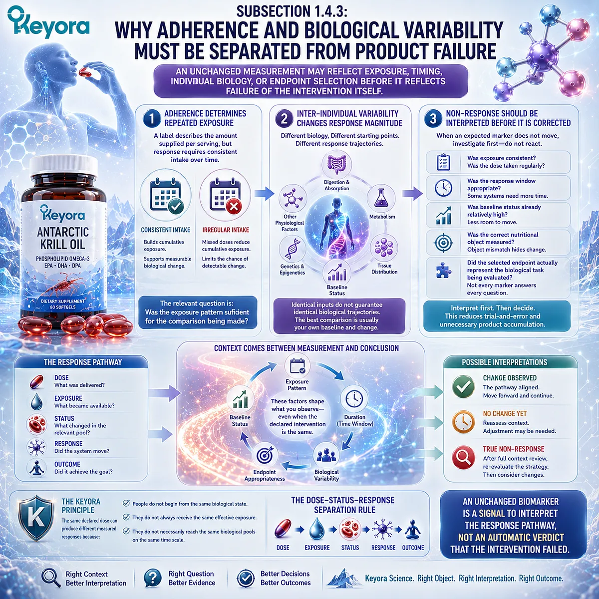 Supplement non-response may reflect adherence, exposure timing, baseline status, biological variability, or biomarker selection under the Keyora Dose-Status-Response Separation Rule. Supplement non-response may reflect adherence, exposure timing, baseline status, biological variability, or biomarker selection under the Keyora Dose-Status-Response Separation Rule.