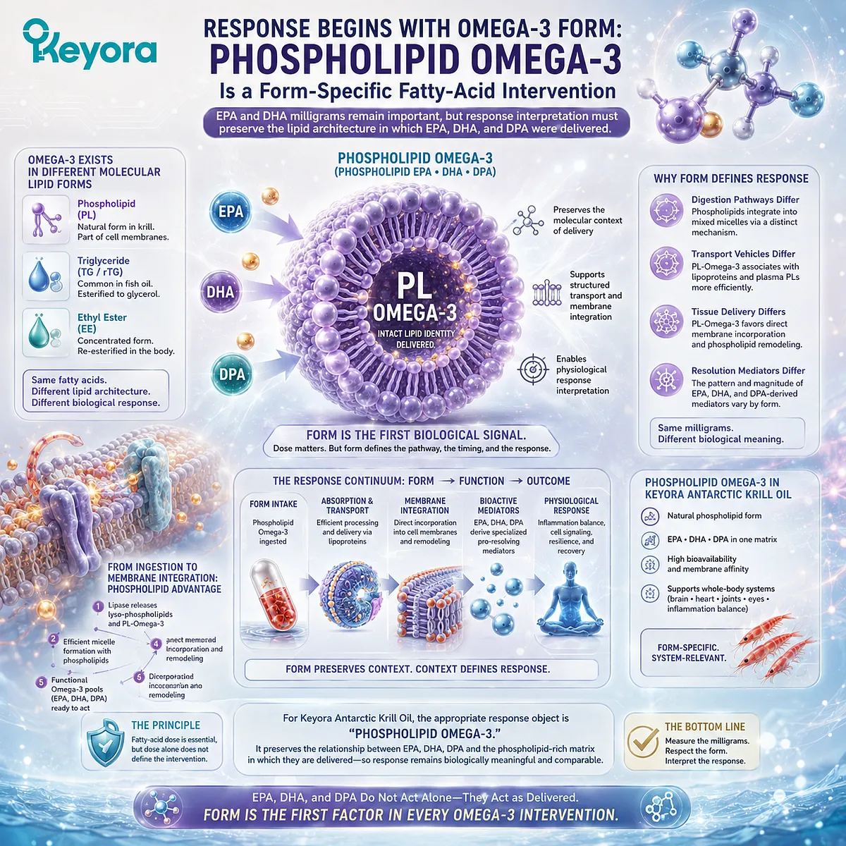 Phospholipid Omega-3 links EPA, DHA and DPA intake with form-specific lipid handling and membrane response in Keyora’s Phospholipid Lipid-Response Verification Map. Phospholipid Omega-3 links EPA, DHA and DPA intake with form-specific lipid handling and membrane response in Keyora’s Phospholipid Lipid-Response Verification Map.