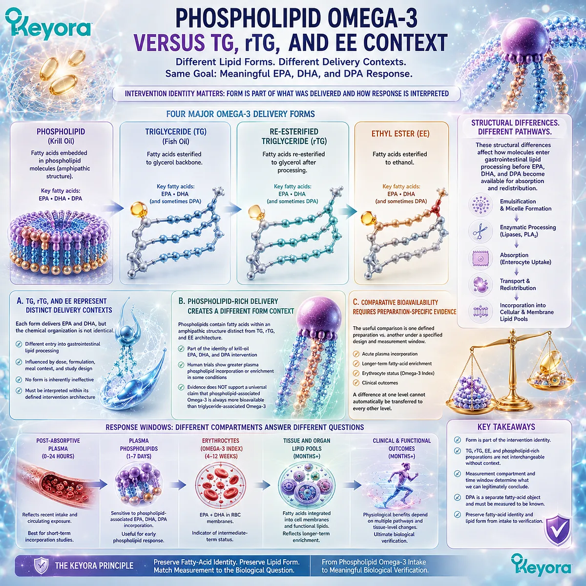 Phospholipid Omega-3 versus TG, rTG and EE compares EPA and DHA lipid forms, digestion and fatty-acid incorporation within Keyora’s Lipid-Response Verification Map. Phospholipid Omega-3 versus TG, rTG and EE compares EPA and DHA lipid forms, digestion and fatty-acid incorporation within Keyora’s Lipid-Response Verification Map.