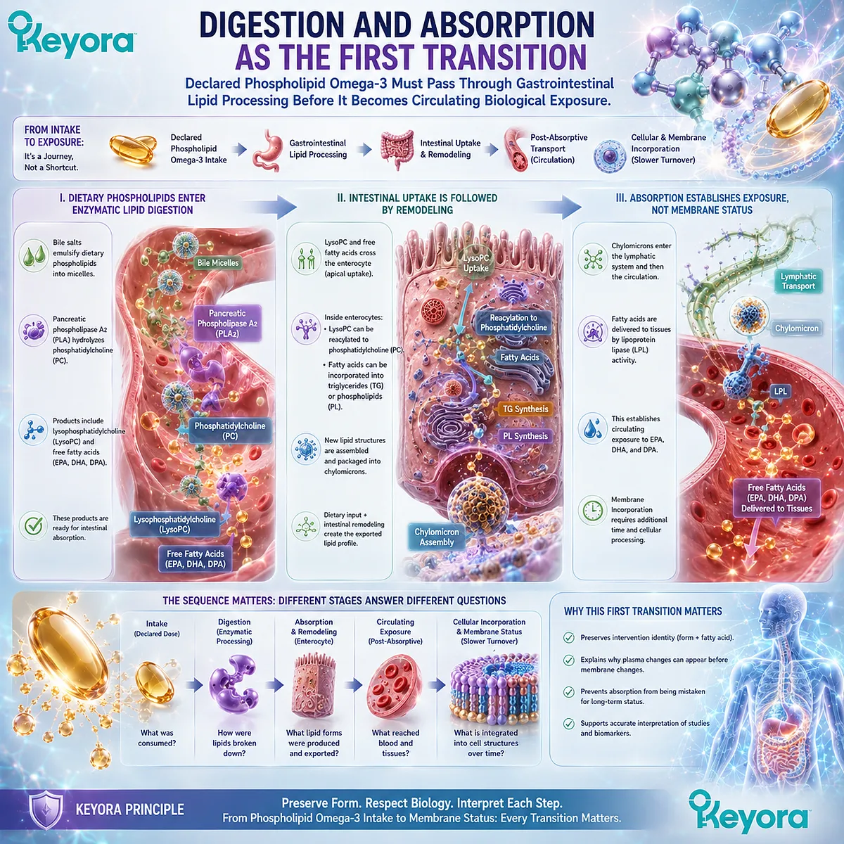 Phospholipid Omega-3 digestion uses phospholipase activity, intestinal uptake and lipid remodeling to move EPA, DHA and DPA toward circulation in Keyora’s Response Map. Phospholipid Omega-3 digestion uses phospholipase activity, intestinal uptake and lipid remodeling to move EPA, DHA and DPA toward circulation in Keyora’s Response Map.