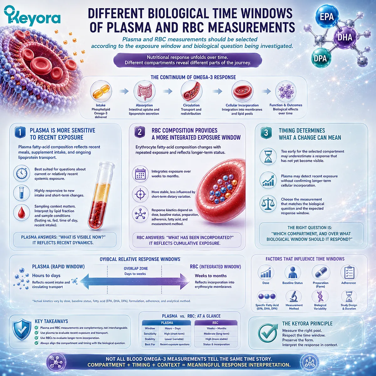 Plasma tracks recent EPA and DHA exposure while RBC fatty acids integrate longer-term Phospholipid Omega-3 status, defining time-window selection in Keyora response verification. Plasma tracks recent EPA and DHA exposure while RBC fatty acids integrate longer-term Phospholipid Omega-3 status, defining time-window selection in Keyora response verification.