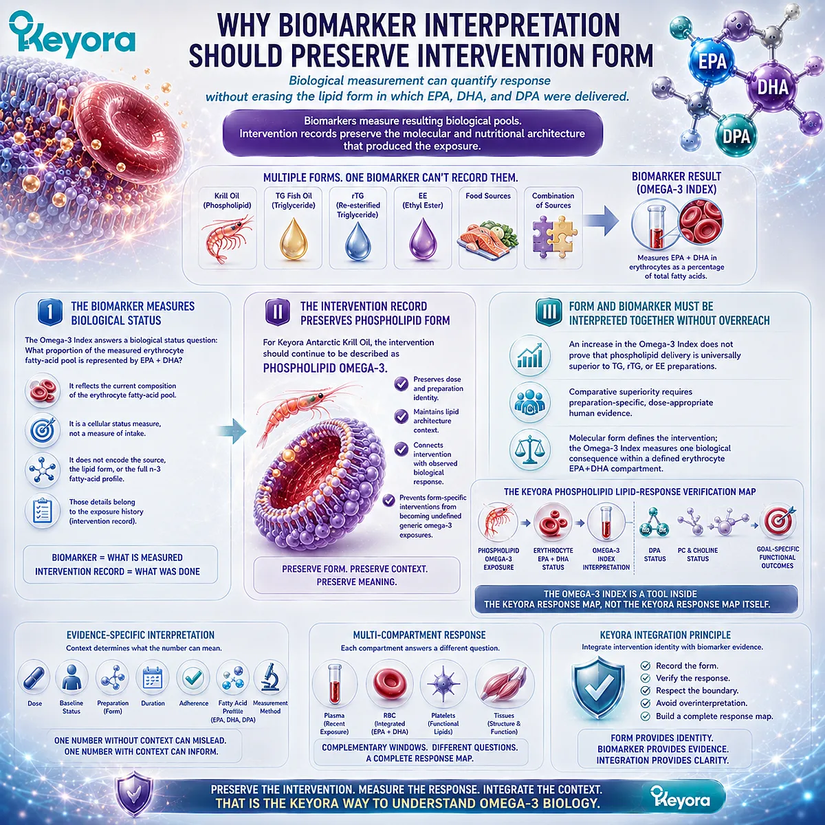 Omega-3 Index measures RBC EPA+DHA status while preserving Phospholipid Omega-3 delivery form and separate DPA verification in Keyora’s Lipid-Response Verification Map. Omega-3 Index measures RBC EPA+DHA status while preserving Phospholipid Omega-3 delivery form and separate DPA verification in Keyora’s Lipid-Response Verification Map.