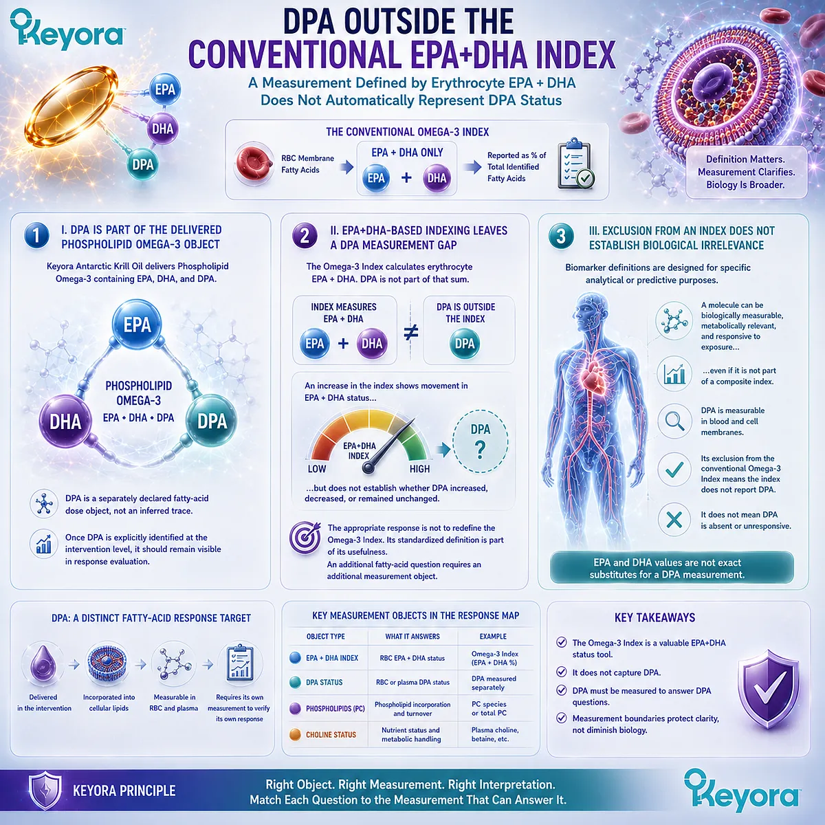 DPA remains outside the conventional RBC EPA+DHA Omega-3 Index, creating a distinct Phospholipid Omega-3 measurement need under Keyora’s DPA Transparency Standard. DPA remains outside the conventional RBC EPA+DHA Omega-3 Index, creating a distinct Phospholipid Omega-3 measurement need under Keyora’s DPA Transparency Standard.