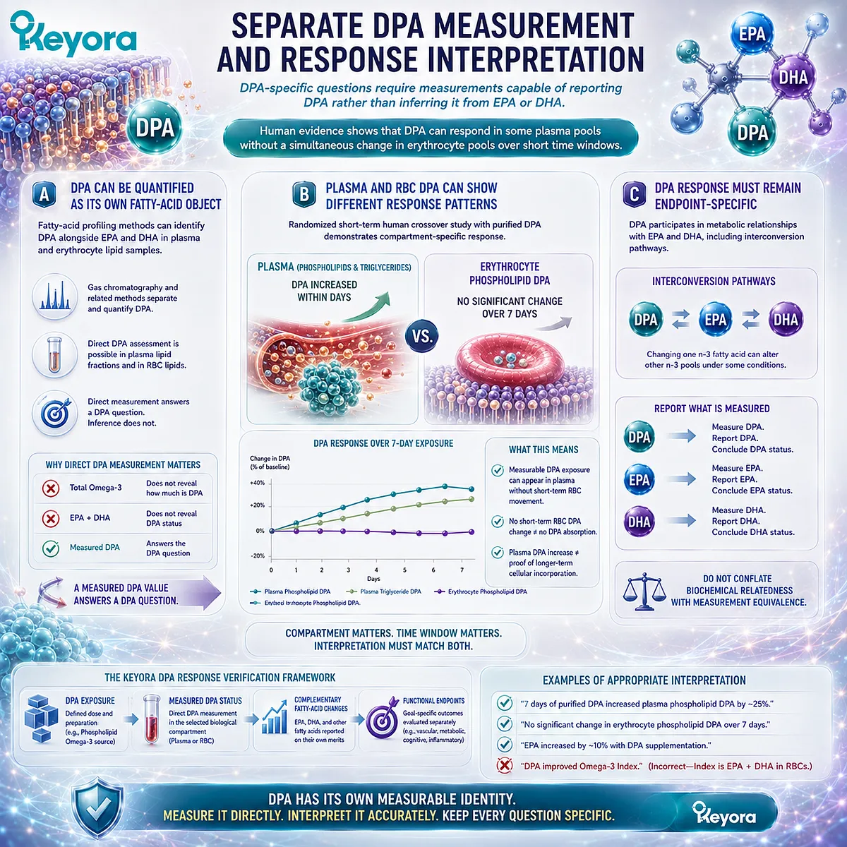 DPA measurement distinguishes plasma exposure from slower RBC incorporation, preventing inference from EPA+DHA and supporting Keyora’s DPA Transparency Standard for Phospholipid Omega-3. DPA measurement distinguishes plasma exposure from slower RBC incorporation, preventing inference from EPA+DHA and supporting Keyora’s DPA Transparency Standard for Phospholipid Omega-3.