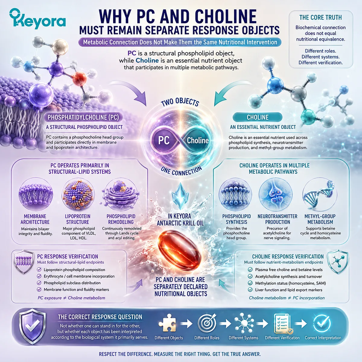 Phosphatidylcholine supports membrane and lipoprotein structure while choline supports nutrient metabolism, separated by the Keyora PC-Choline Response Separation Rule. Phosphatidylcholine supports membrane and lipoprotein structure while choline supports nutrient metabolism, separated by the Keyora PC-Choline Response Separation Rule.