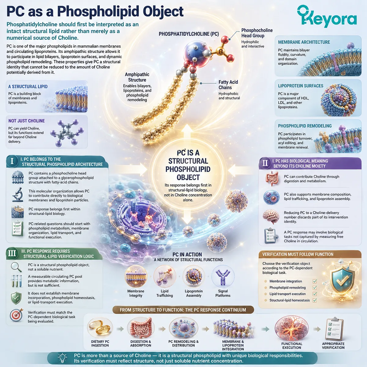 Phosphatidylcholine supports membrane organization, lipoprotein structure and lipid transport, requiring structural-lipid verification in the Keyora PC-Choline Response Map. Phosphatidylcholine supports membrane organization, lipoprotein structure and lipid transport, requiring structural-lipid verification in the Keyora PC-Choline Response Map.