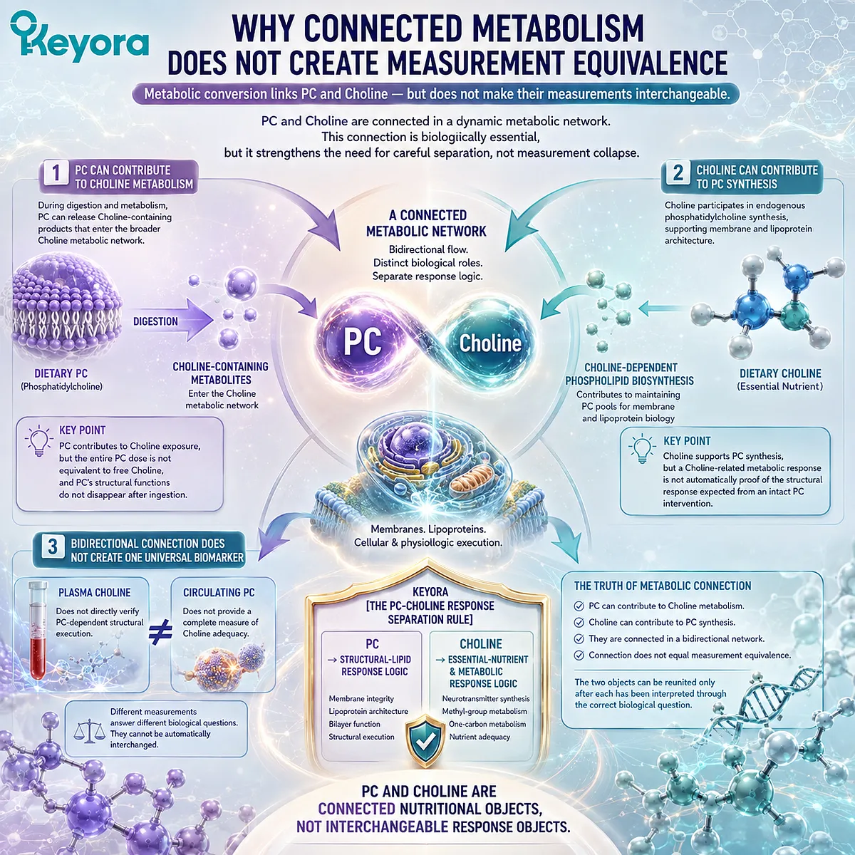 PC-Choline metabolism links phospholipid synthesis with choline exposure, but biomarkers are not interchangeable under the Keyora PC-Choline Response Separation Rule. PC-Choline metabolism links phospholipid synthesis with choline exposure, but biomarkers are not interchangeable under the Keyora PC-Choline Response Separation Rule.