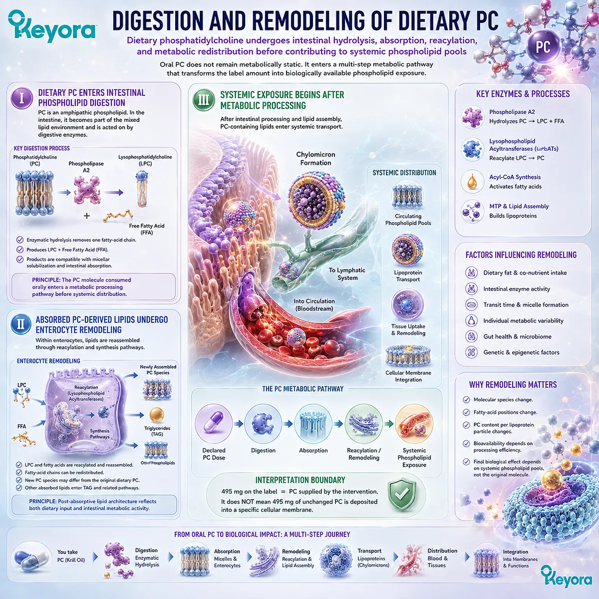 Dietary phosphatidylcholine undergoes intestinal hydrolysis, absorption and reacylation before systemic phospholipid exposure in the Keyora PC-Choline Response Map. Dietary phosphatidylcholine undergoes intestinal hydrolysis, absorption and reacylation before systemic phospholipid exposure in the Keyora PC-Choline Response Map.
