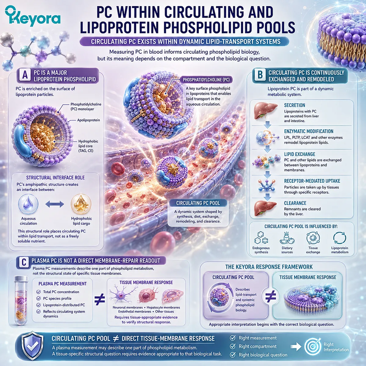 Circulating phosphatidylcholine supports lipoprotein lipid transport and remodeling but does not directly verify tissue membranes in the Keyora PC-Choline Response Map. Circulating phosphatidylcholine supports lipoprotein lipid transport and remodeling but does not directly verify tissue membranes in the Keyora PC-Choline Response Map.