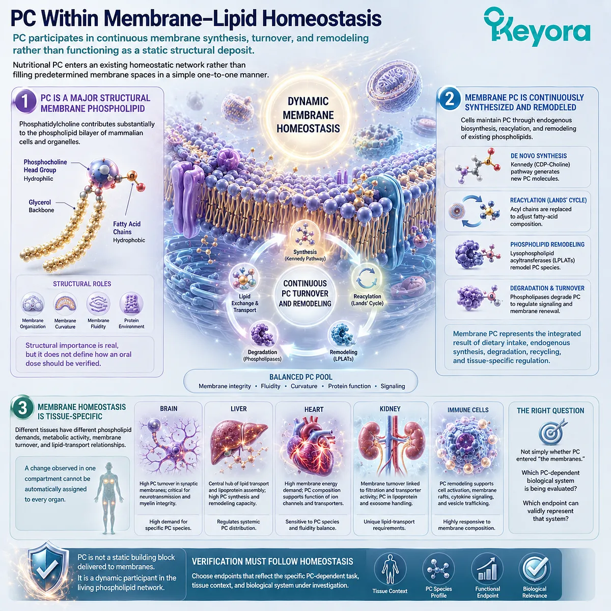 Phosphatidylcholine supports membrane fluidity and lipid homeostasis through synthesis, turnover and reacylation, framed by the Keyora PC-Choline Response Map. Phosphatidylcholine supports membrane fluidity and lipid homeostasis through synthesis, turnover and reacylation, framed by the Keyora PC-Choline Response Map.