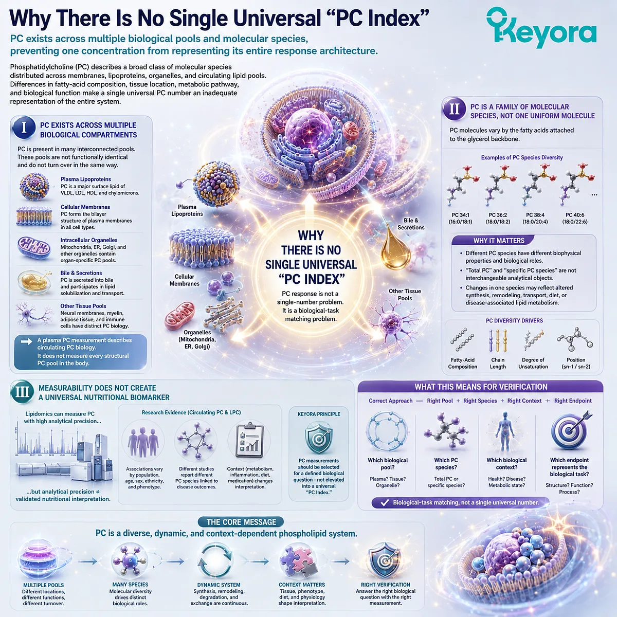 Phosphatidylcholine spans diverse membrane, lipoprotein and molecular PC species, so lipidomics cannot create one universal PC Index in the Keyora PC-Choline Response Map. Phosphatidylcholine spans diverse membrane, lipoprotein and molecular PC species, so lipidomics cannot create one universal PC Index in the Keyora PC-Choline Response Map.