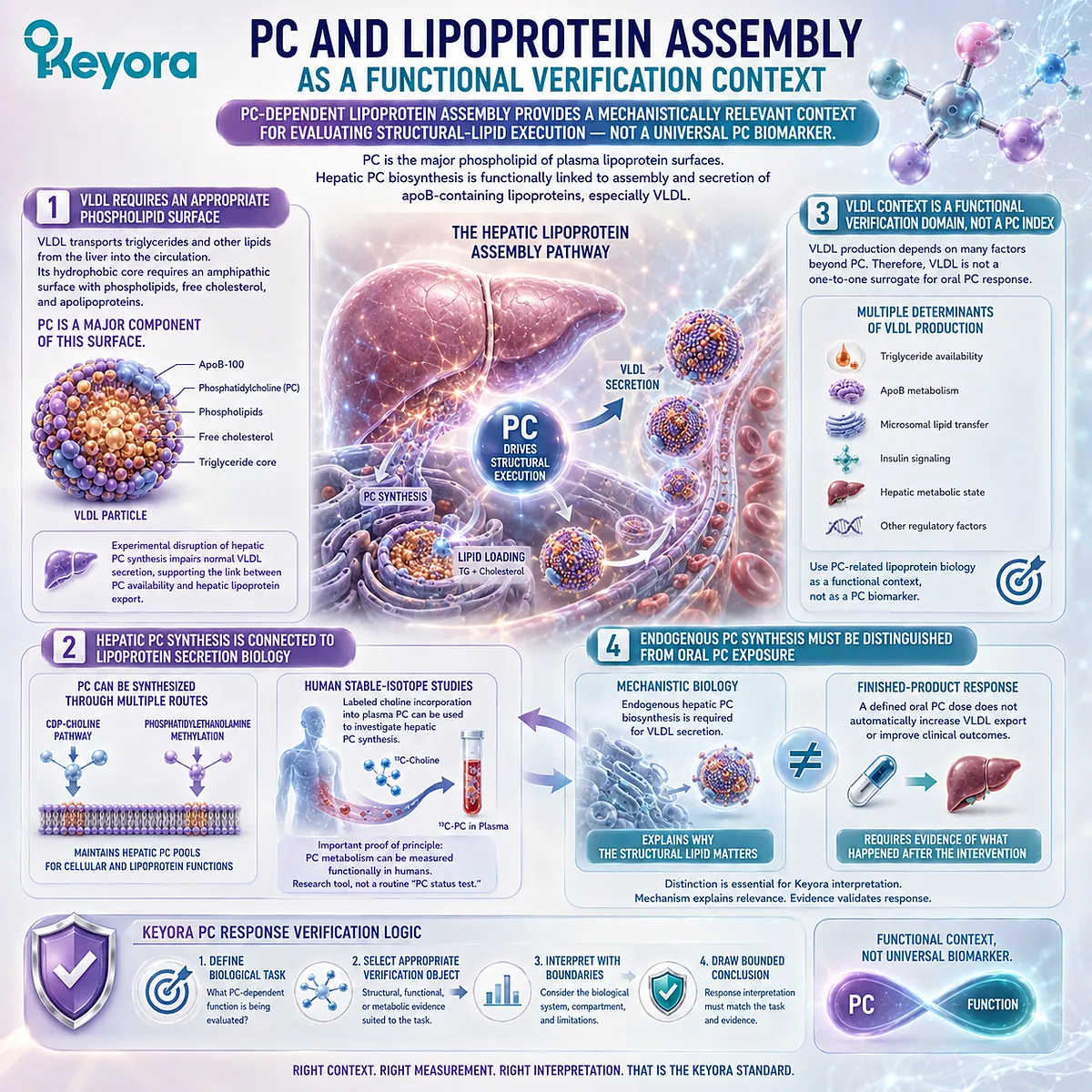 Phosphatidylcholine supports hepatic VLDL assembly through PC biosynthesis and lipoprotein surface structure, a functional context in the Keyora PC-Choline Response Map. Phosphatidylcholine supports hepatic VLDL assembly through PC biosynthesis and lipoprotein surface structure, a functional context in the Keyora PC-Choline Response Map.
