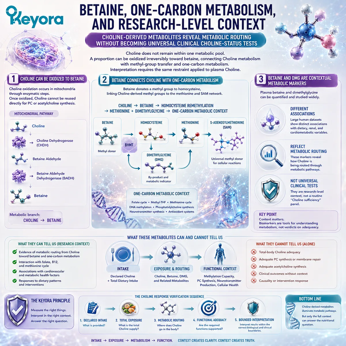Choline oxidation to betaine links homocysteine remethylation with one-carbon metabolism, while DMG provides metabolic context in the Keyora PC-Choline Response Map. Choline oxidation to betaine links homocysteine remethylation with one-carbon metabolism, while DMG provides metabolic context in the Keyora PC-Choline Response Map.