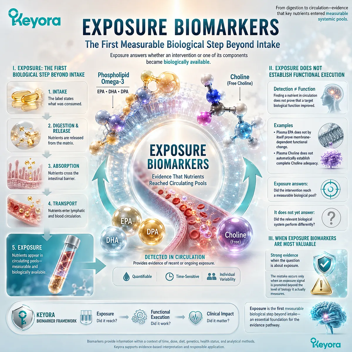 Phospholipid Omega-3 exposure biomarkers use circulating EPA, DHA, DPA, and Choline to verify biological availability, the first response layer in the Keyora verification map. Phospholipid Omega-3 exposure biomarkers use circulating EPA, DHA, DPA, and Choline to verify biological availability, the first response layer in the Keyora verification map.